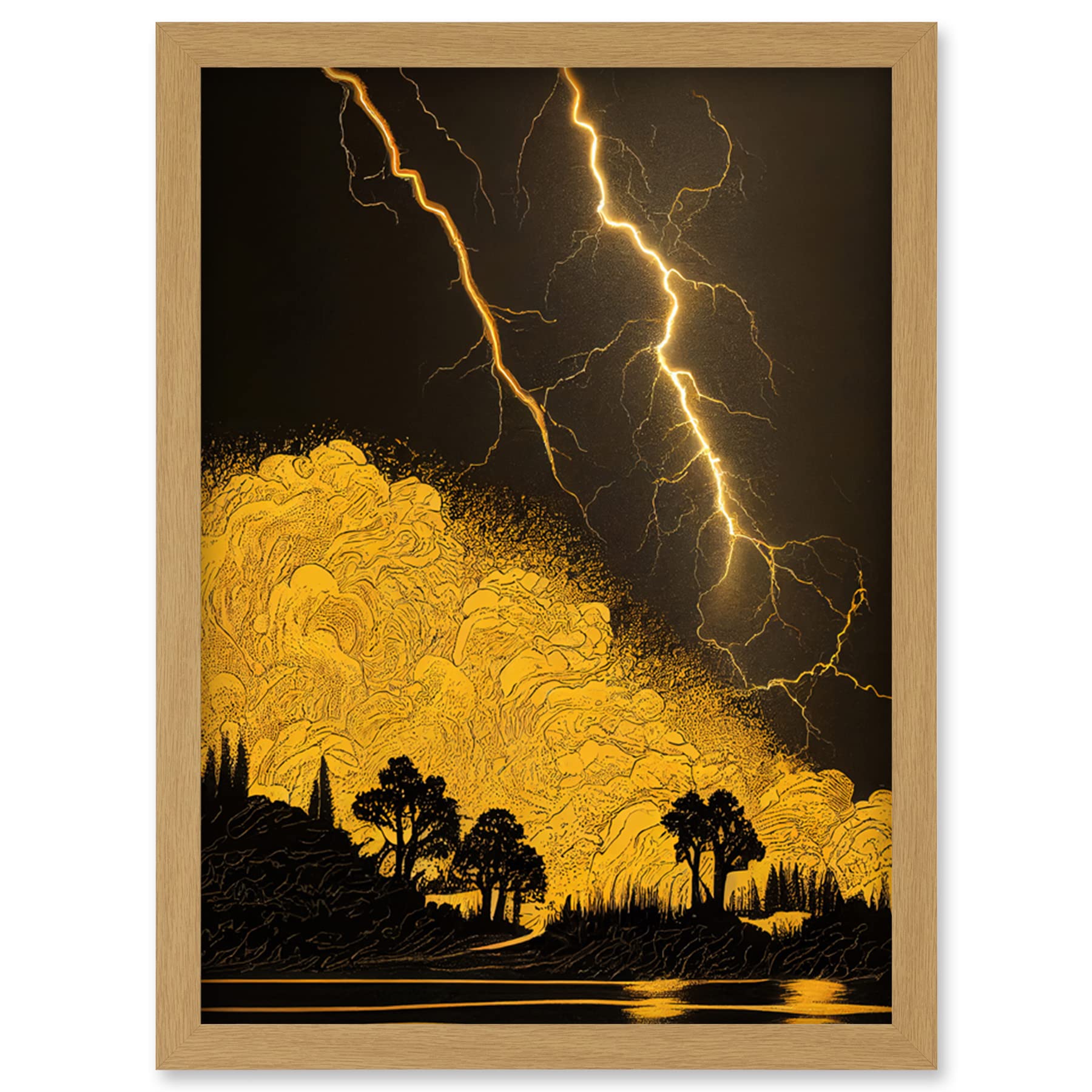 Wee Blue Coo Gold and Black Thunder Storm with Bright Lightning at Lakeside Tree Silhouette Artwork Framed Wall Art Print A4