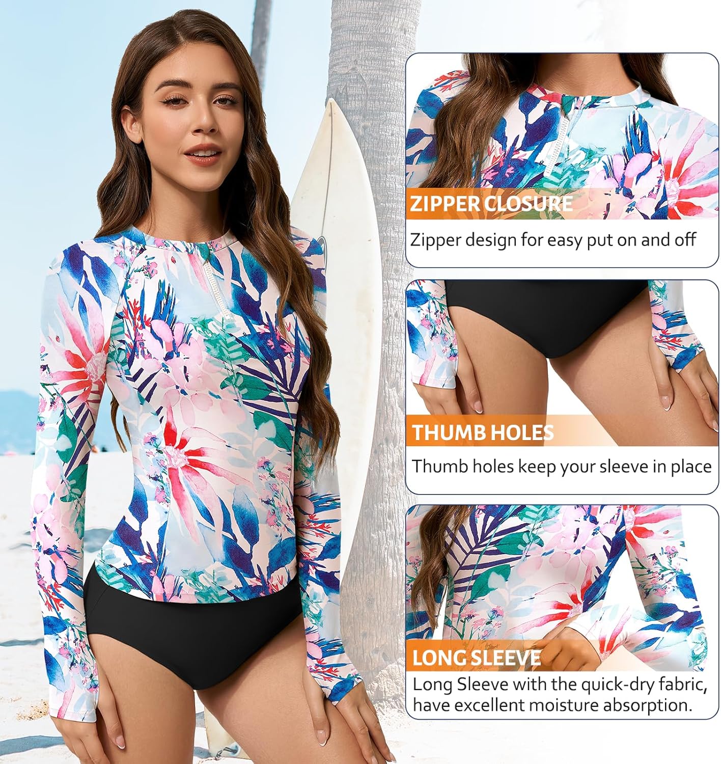 Women's Long Sleeve Rash Guard Zip Up Swim Shirt UPF 50+ Sun Protection Thumb Holes Quick Dry Bathing Suit - Image 4