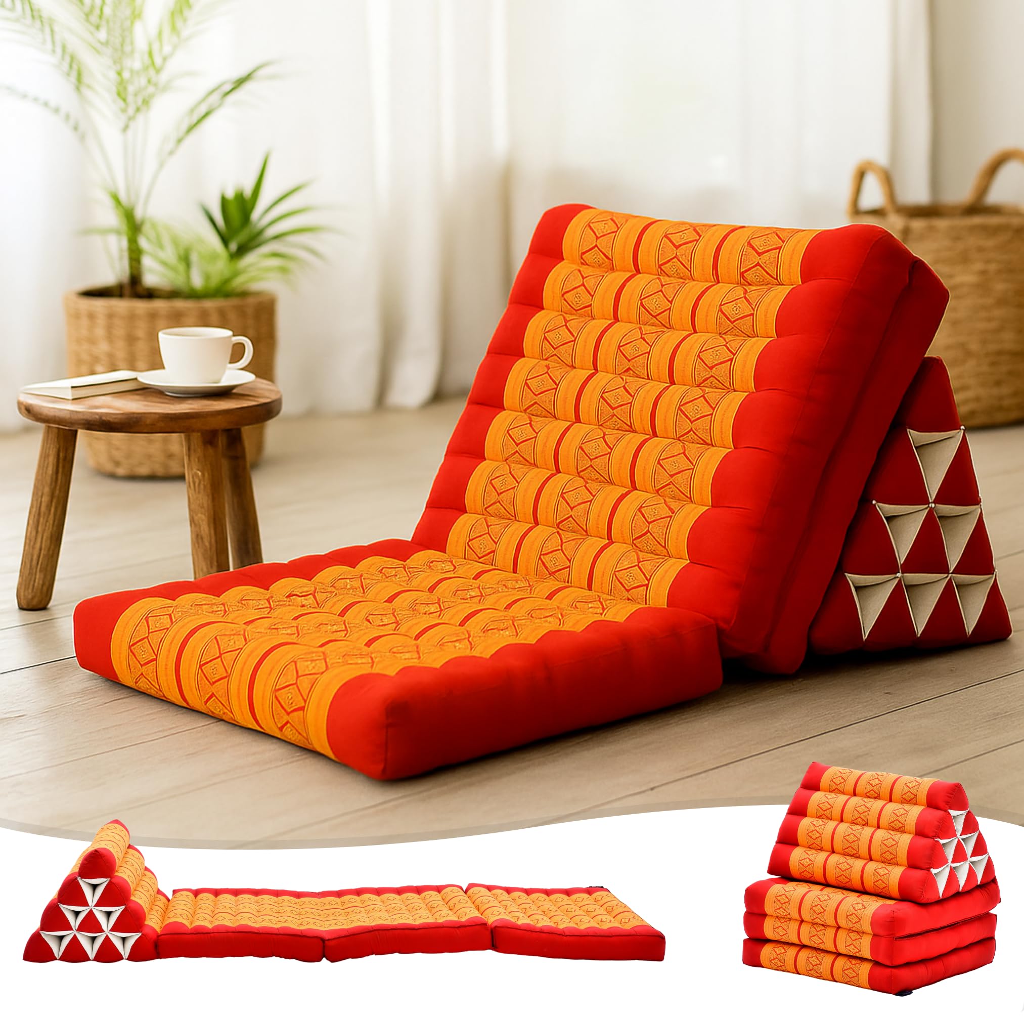 Leewadee 3-Fold Mat with Triangle Cushion – Comfortable TV Pillow, Foldable Mattress with Cushion Made of Eco-Friendly Kapok, 67 x 21 inches, Orange red