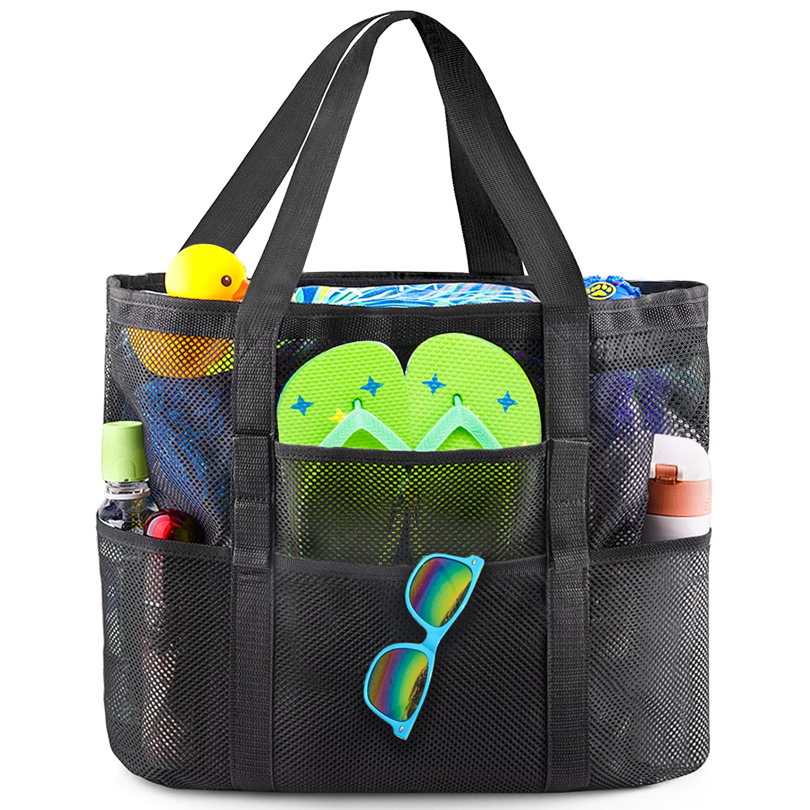 EASYFUNBeach Bag Large Mesh Beach Bag Lightweight Beach Tote with 9 Pockets