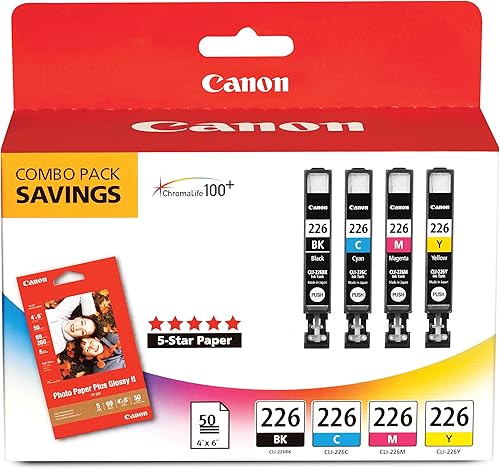 Canon CLI-226 Paquete de color genuino con 50 hojas de papel fotográfico, compatible con iP4820, MG5220, MG5120, MG6120, MG8120, MX882, iX6520,