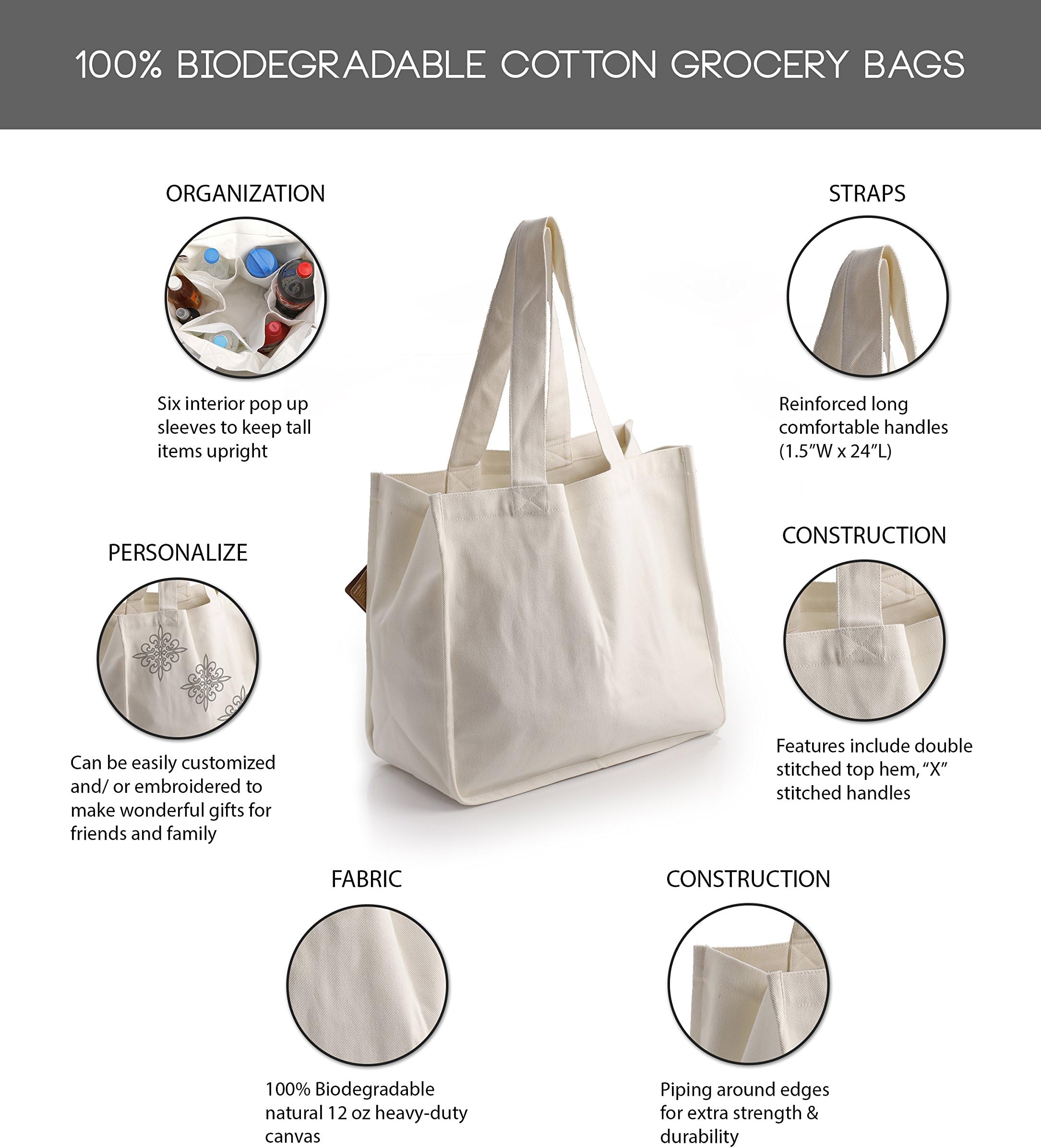 PreserveNext Deluxe Reusable Cotton Canvas Grocery Tote Bag with Bottle Sleeves – Natural (1 Pack)