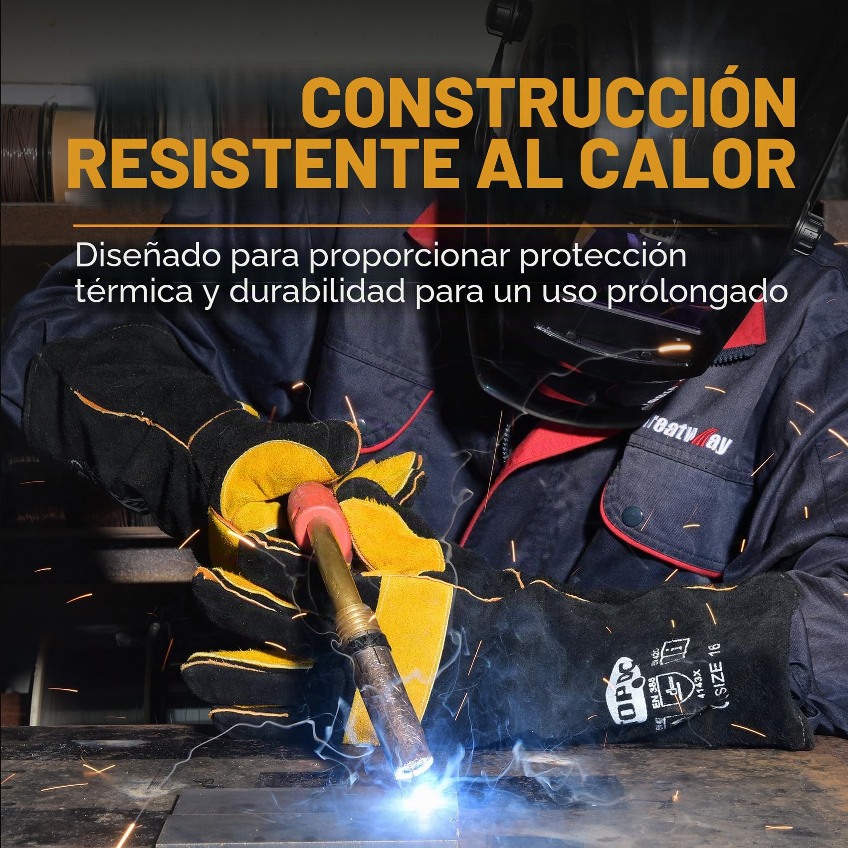 TOPDC 16 pulgadas, 1600 ° F, guantes de soldadura de cuero Forge/Mig/Stick