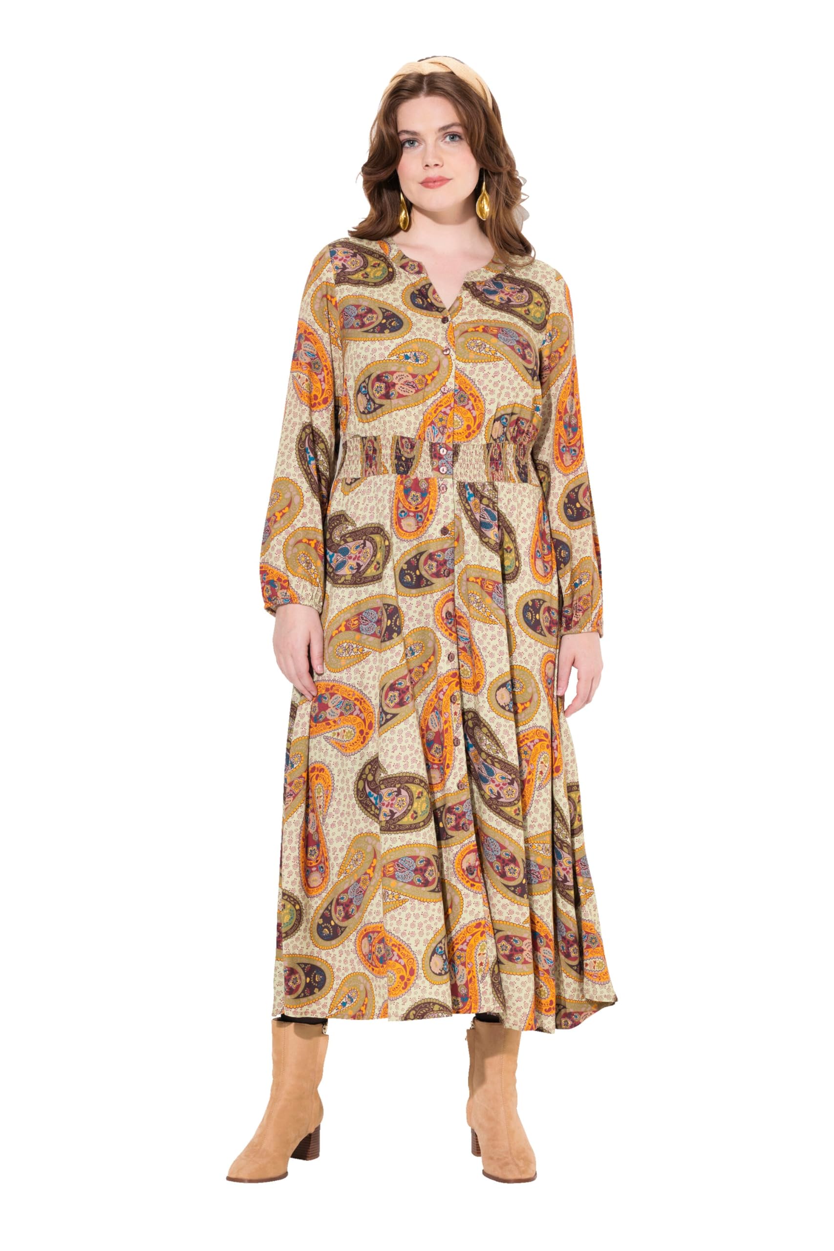 Ulla Popken Damen große Größen Übergrößen Plus Size Maxikleid, Paisley, A-Linie, V-Ausschnitt, Langarm 832859