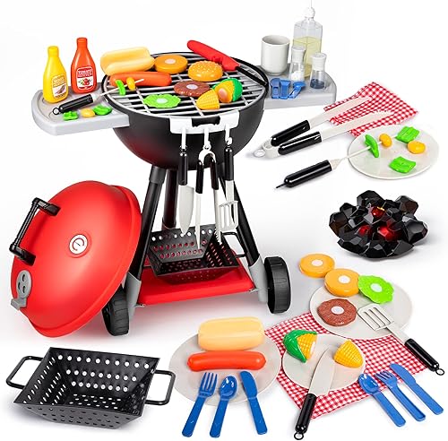 JOYIN Juego de 61 juguetes de cocina, juego de juguetes de cocina, juego de parrilla de juguete para barbacoa, juego de pequeño chef, juego de