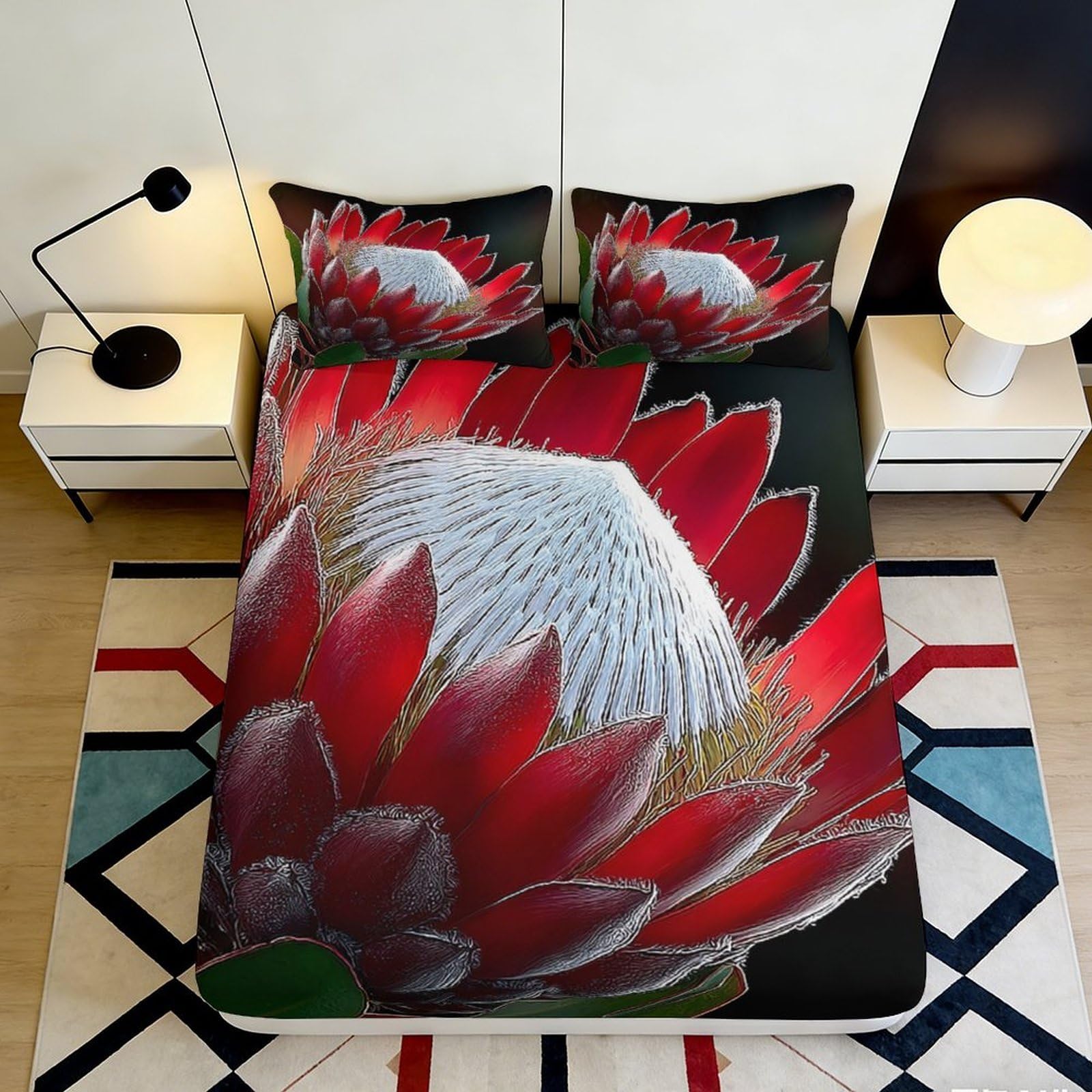 3D Printed Red Protea Flower Fitted Sheet Microfiber Mattress Cover for Bedroom Dorm Soft Washable Decor 90x200x25cm