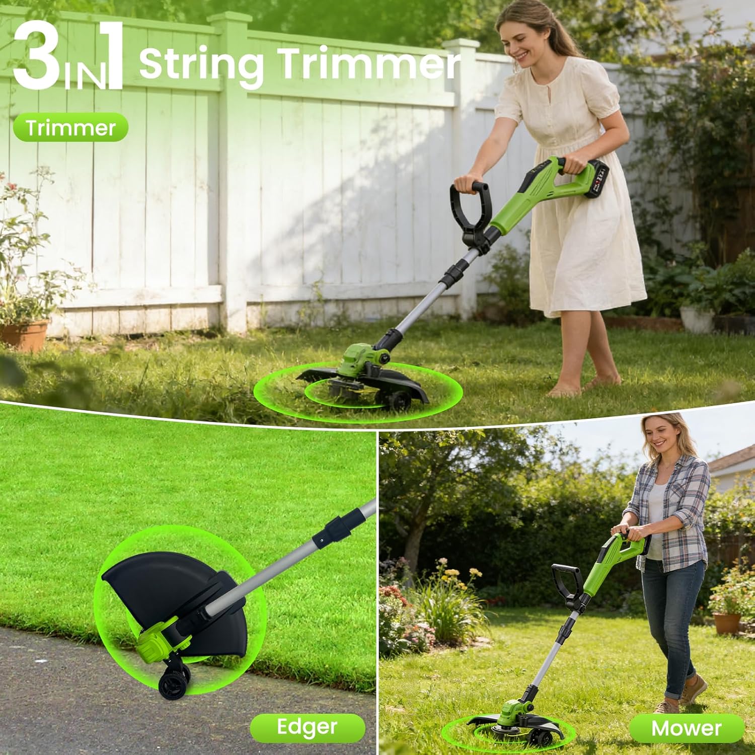 15" Electric Weed Wacker，2 X 3.0Ah Cordless Weed Eater Battery Powered String Trimmer with 6 Pcs Spool Line Grass Cutter Edger Lawn Tool for Yard, Garden and Landscaping Trimming,Green