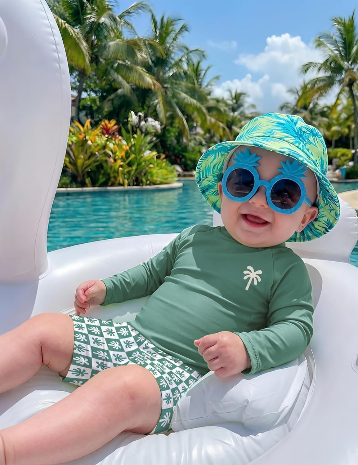 CM C&M WODRO Toddler Baby Boy Girl Swimsuits 2Pcs Long Sleeve Rashguard Swimwear Kids Palm Tree Swim Trunks Bathing Suit Set