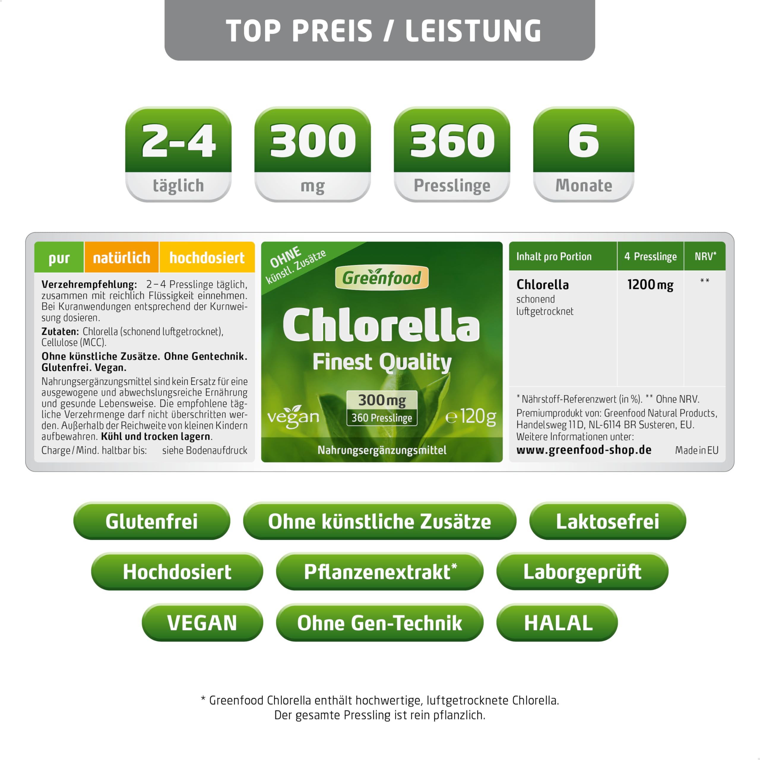 Chlorella Tabletten, hochdosiert, 300mg - 360 Presslinge, vegan. Luftgetrocknet - reich an Chlorophyll, Vitaminen & Mineralstoffen. OHNE künstliche Zusätze - laborgeprüft. Von Greenfood.