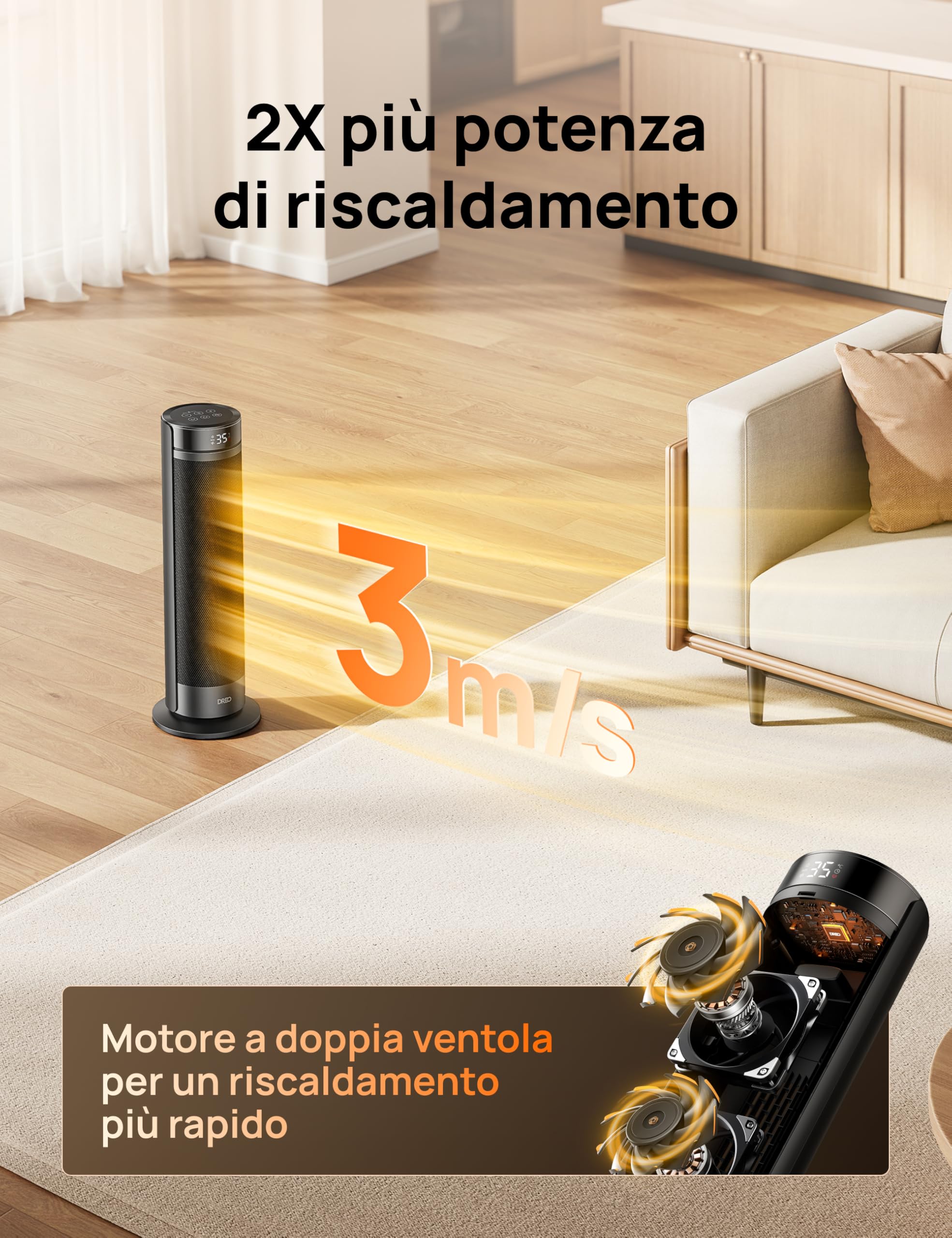 DREO Stufa a Torre 23 Pollici 2000W Silenziosa, Riscaldatore Portatile con Telecomando, Oscillazione 70°, Timer 12H, 5 Modalità, Termoventilatore in Ceramica PTC con Termostato per Casa e Ufficio