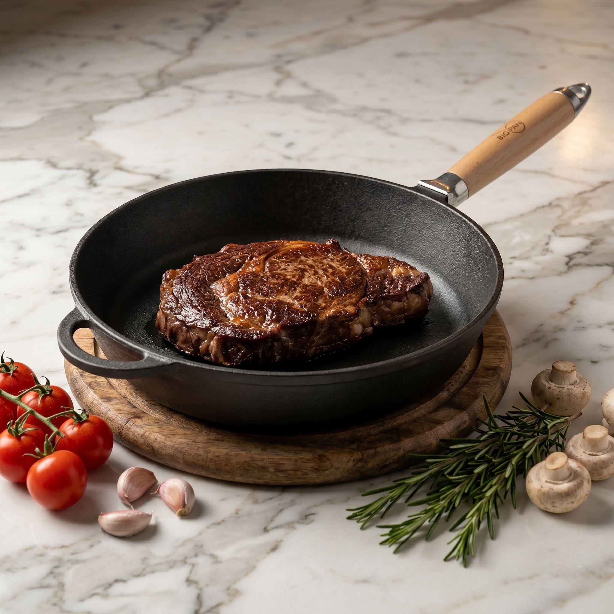 Gusseisenpfanne Ø28cm tief mit Glasdeckel abnehmbahrer Holzgriff Induktion | Hochwertige Bratpfanne aus Gusseisen unbeschichtet Eisenpfanne Eisenpfanne für alle Herdarten Grill und offenes Feuer