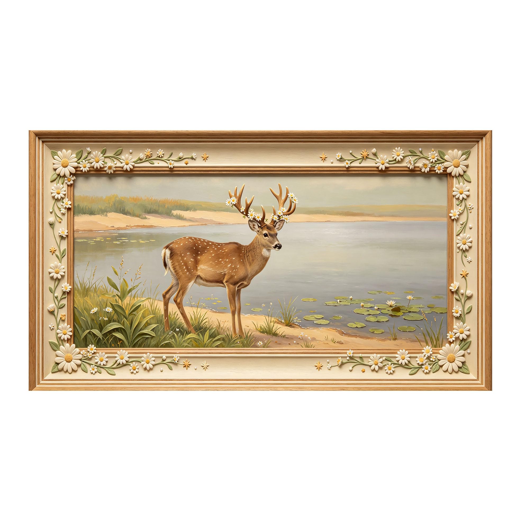 Yzpallescene 3D 3D Framed Wall Art 50cm×90cm Deer by Lakeside Pastoral Landscape Oil Painting Large Size SelfAdhesive Removable Wall Decor Prints Artwork for Living Room Bedroom Office