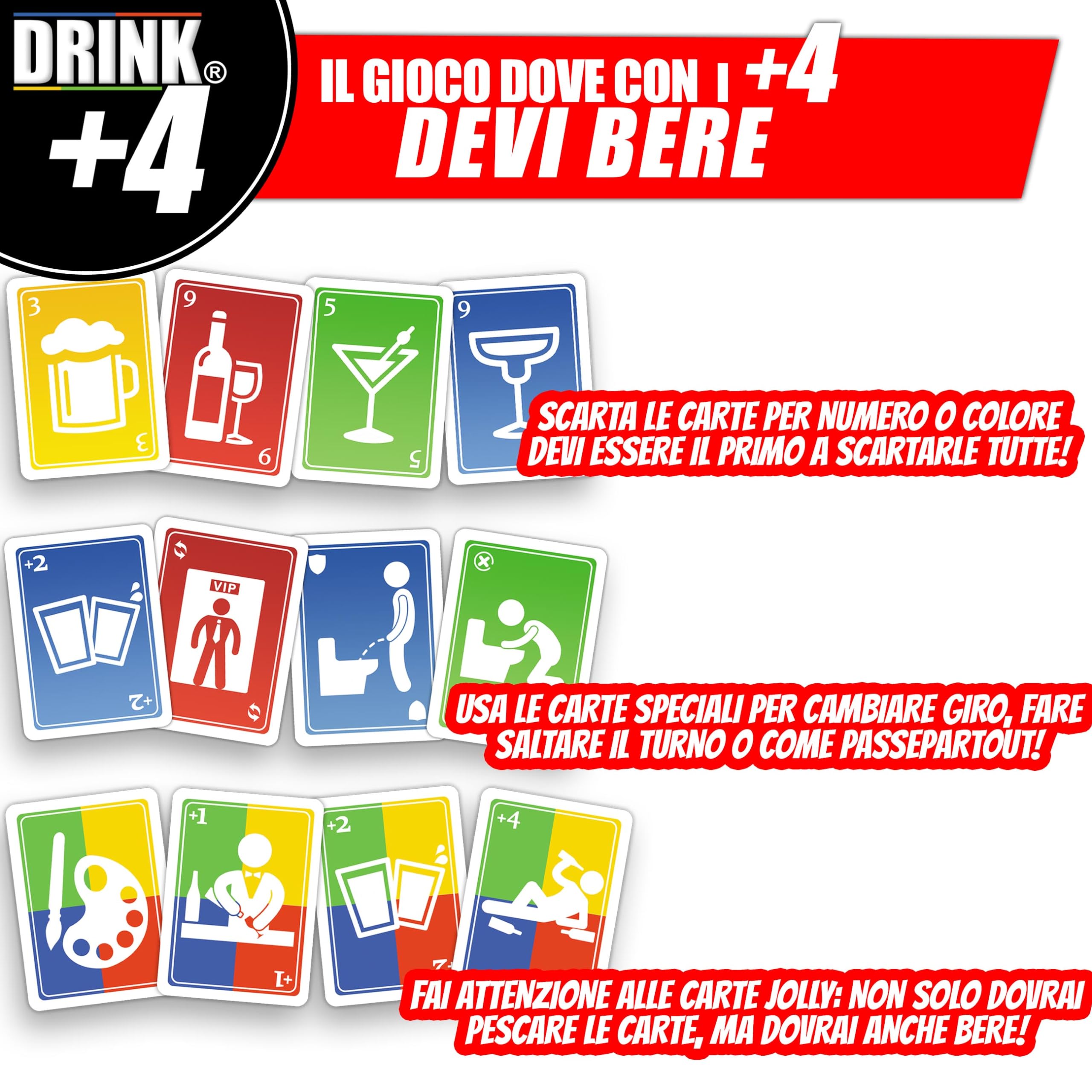 Magma Games DRINK +4 - Giochi Alcolici da uno a +12 Giocatori, Gioco Alcolico per Adulti con Carte Divertenti, Drinking Game da Sbronzami con Shottini per Addio al Nubilato, Celibato, Feste, Roulette