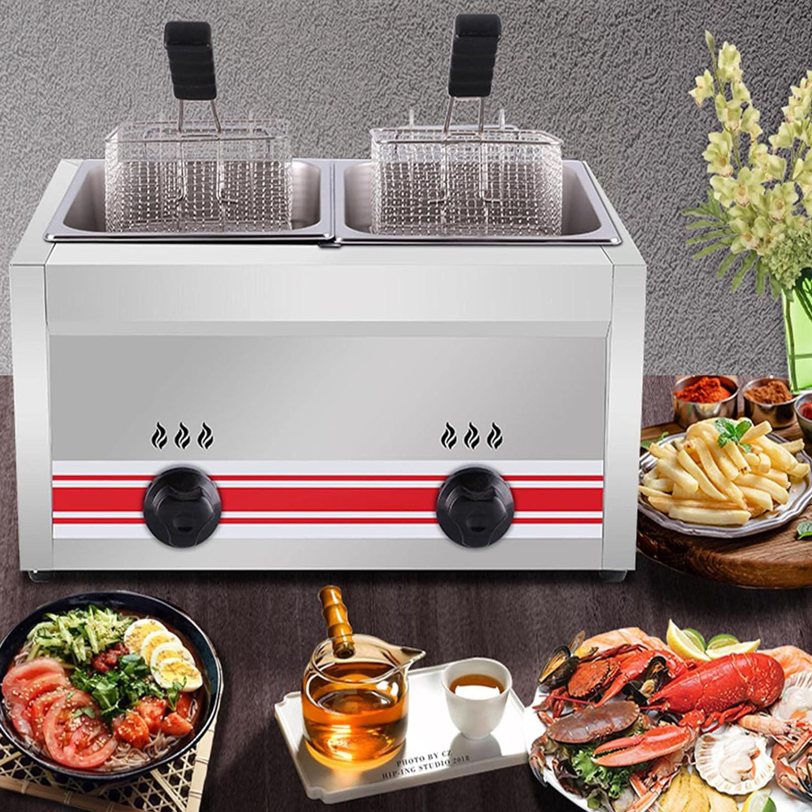 PixCy Friggitrice a Gas Grande capacità 10l/20l/30l,Friggitrice in Acciaio Inossidabile,Potenza Fuoco Regolabile, con Cestelli E Coperchi,per Ristorante Commercial,20L