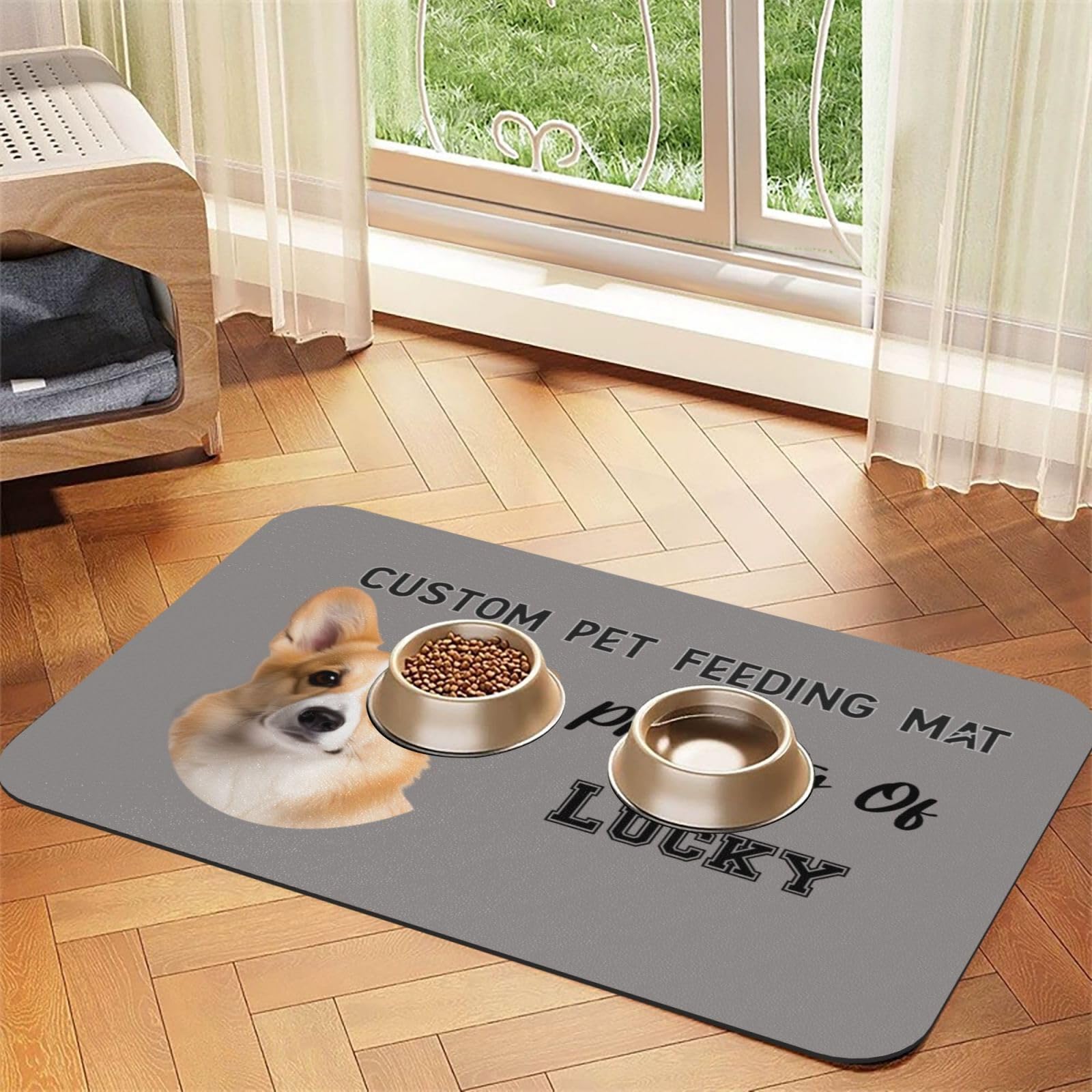 Tappetino per l'alimentazione degli animali domestici, tappetino personalizzabile per cibo per cani e gatti con foto e testo del nome, in pelle PU assorbente con retro in gomma antiscivolo