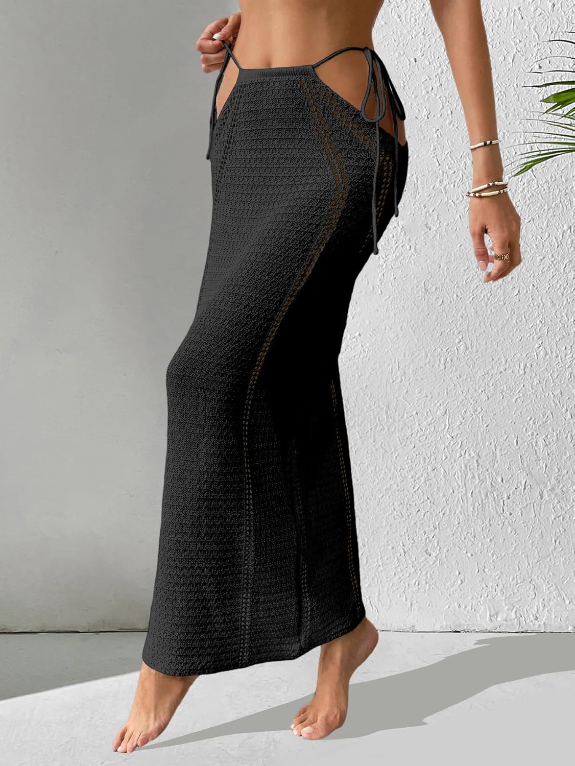 Womens Crochet Knit Slim Fit Beach Sarong Summer 2025 Waist Tie Hollow Out Bathing Suit Cover Up Maxi Skirt - Image 2