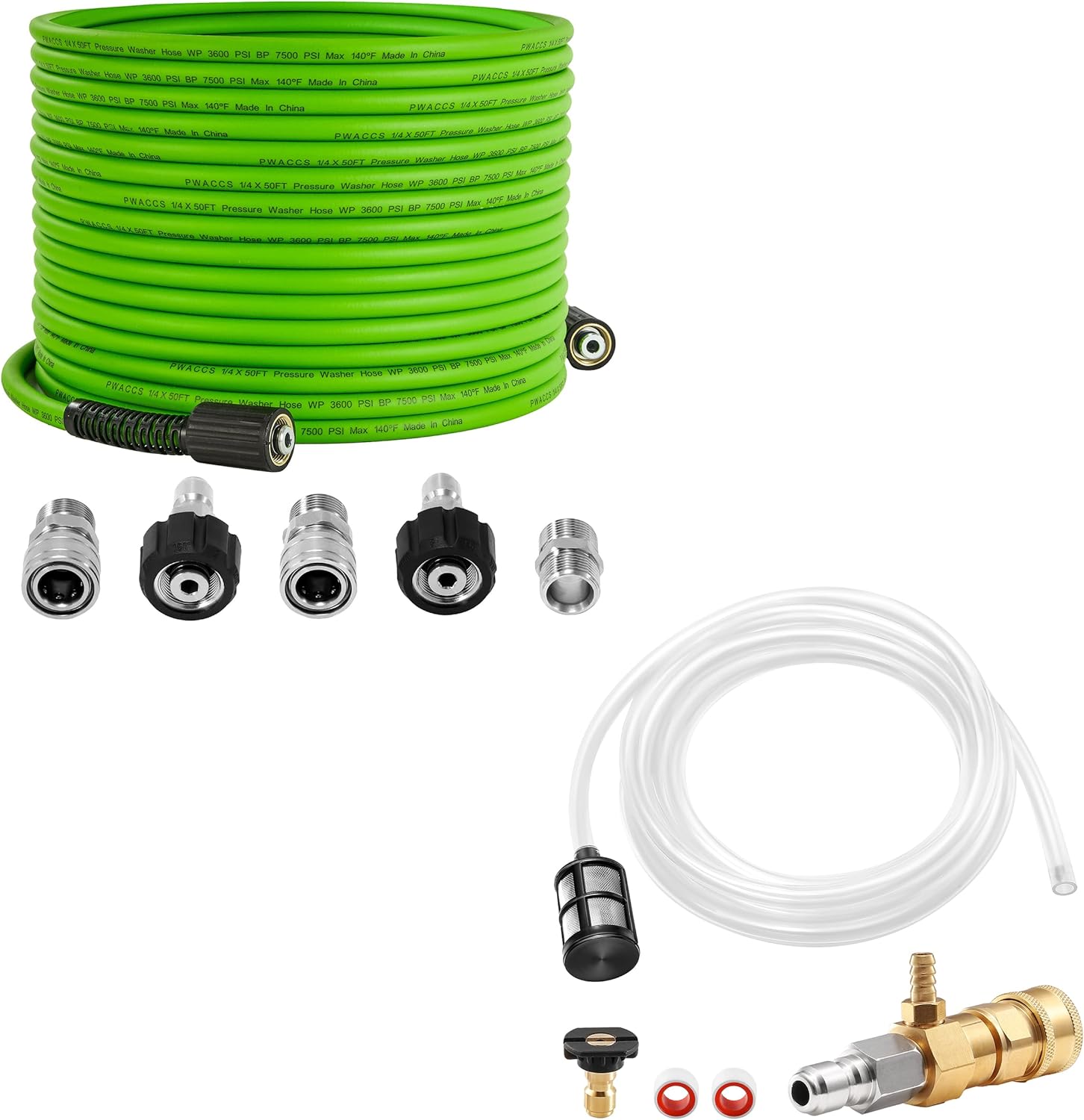 PWACCS Pressure Washer Hose 50 FT x 1/4",Power Washer Hose Kink Resistant,Downstream Injector for Pressure Washer, Power Washer Chemical Injector Kit with 3/8" Quick Connect