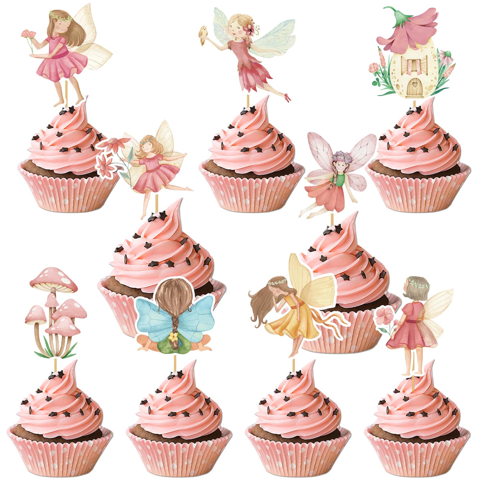 EngoEagle Fairy Cupcake Toppers Birthday Decorations - 45PCS Fairy Cake Topper, My Fairy First Birthday Party Decorations, Enchanted Forest Garden Fairies Theme Baby Shower Cupcake Party Supplies