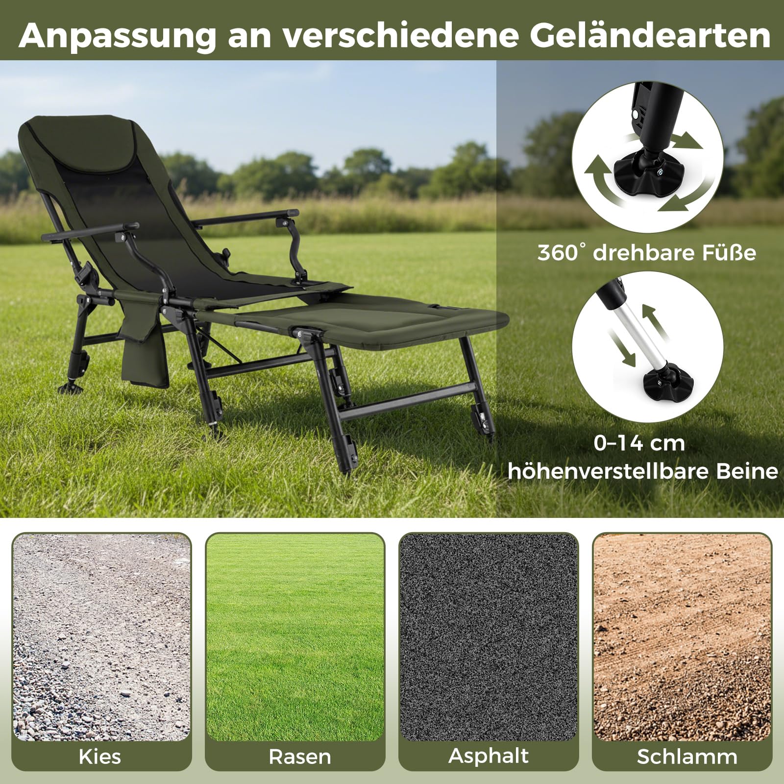 COSTWAY Angelstuhl mit Abnehmbarer Fußablage, Campingstuhl mit Verstellbarer Rückenlehne & gepolsterter Hochlehne, Karpfenstuhl höhenverstellbar, Faltbarer Fischerstuhl für Camping, Angeln, Zelten