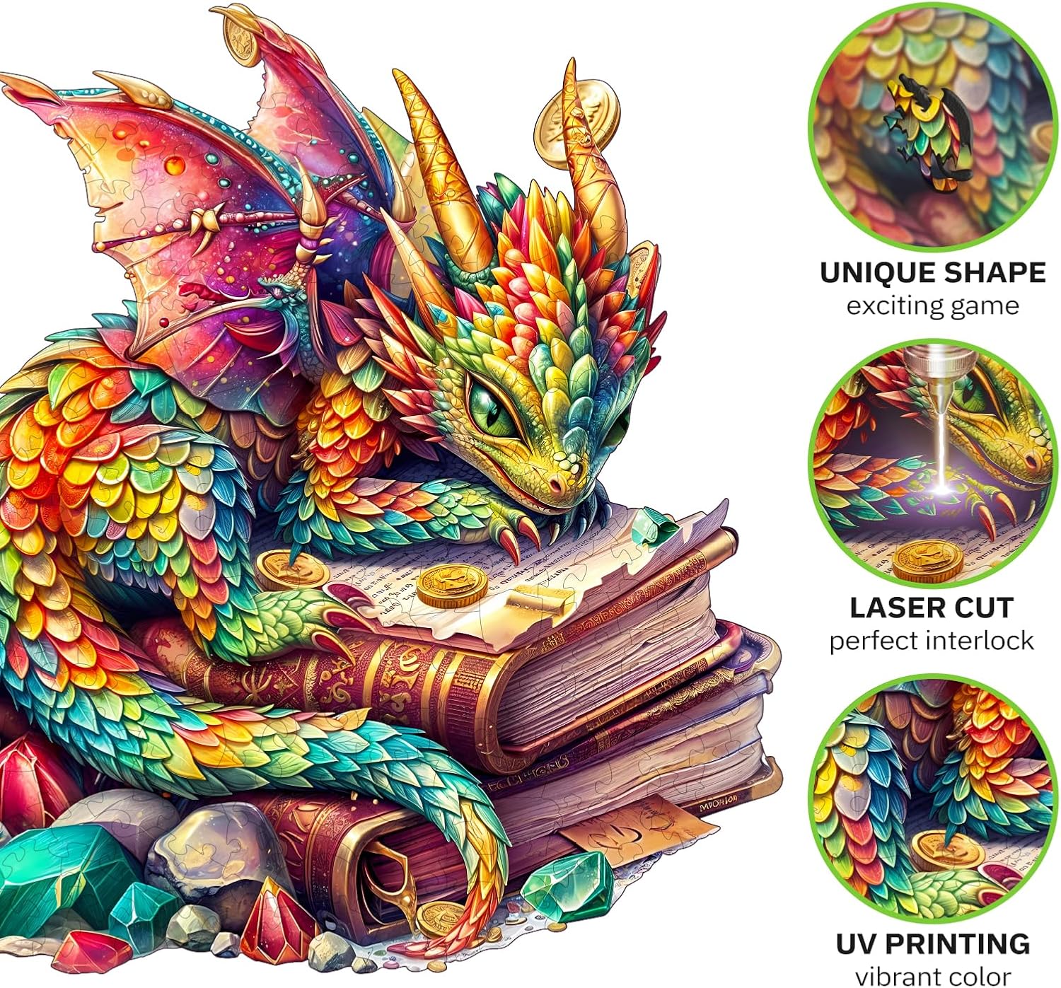 Jigfoxy Wooden Puzzles for Adults, Jeweled Dragon Wood Puzzle for Adults, Unique Animal-Shaped Wooden Jigsaw Puzzle, Christmas Thanksgiving Gifts for Family and Friends (L-13.4 * 12.6in-240pcs)