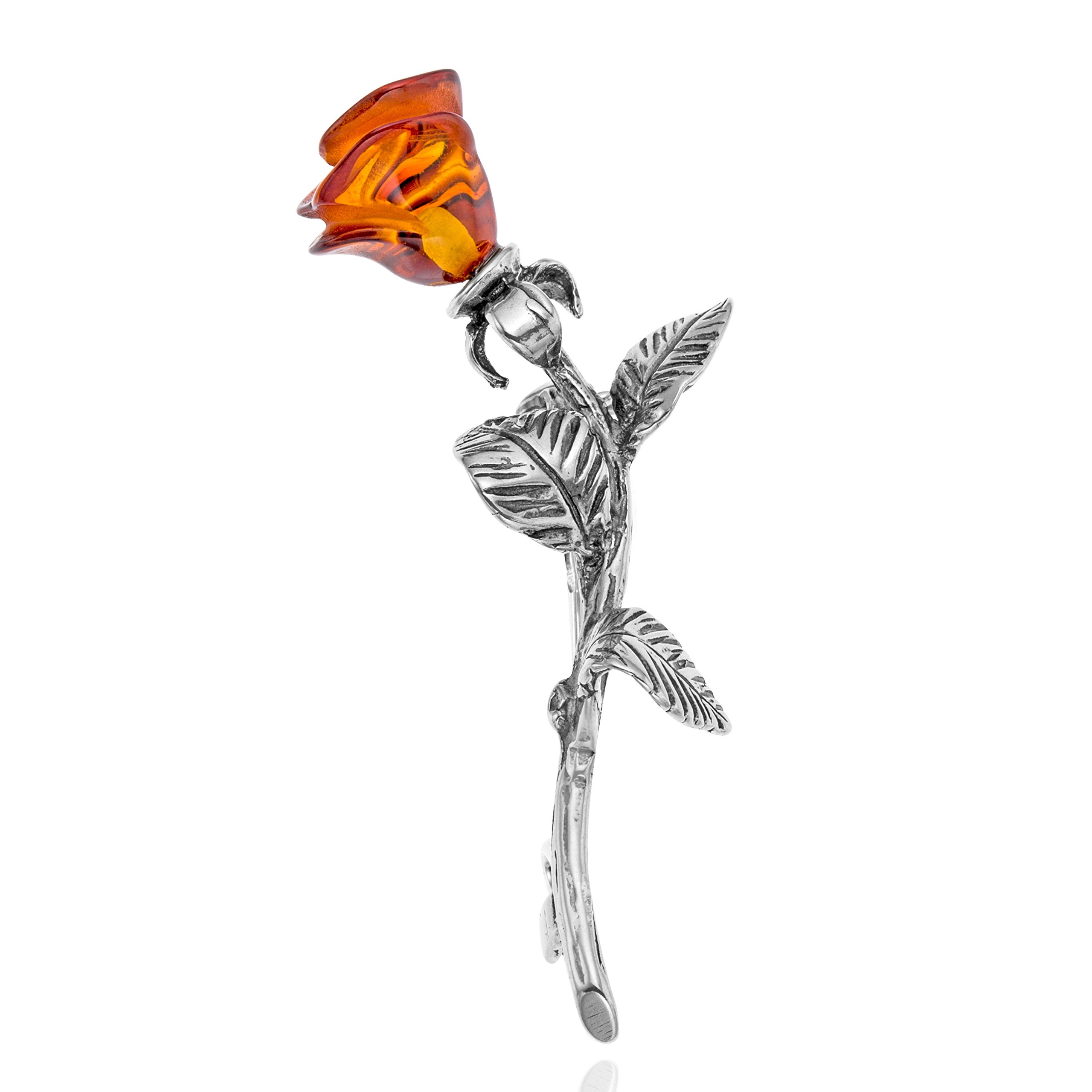 Broche En Argent Avec Rose Et Ambre Fabriquée À La Main En Union Européenne