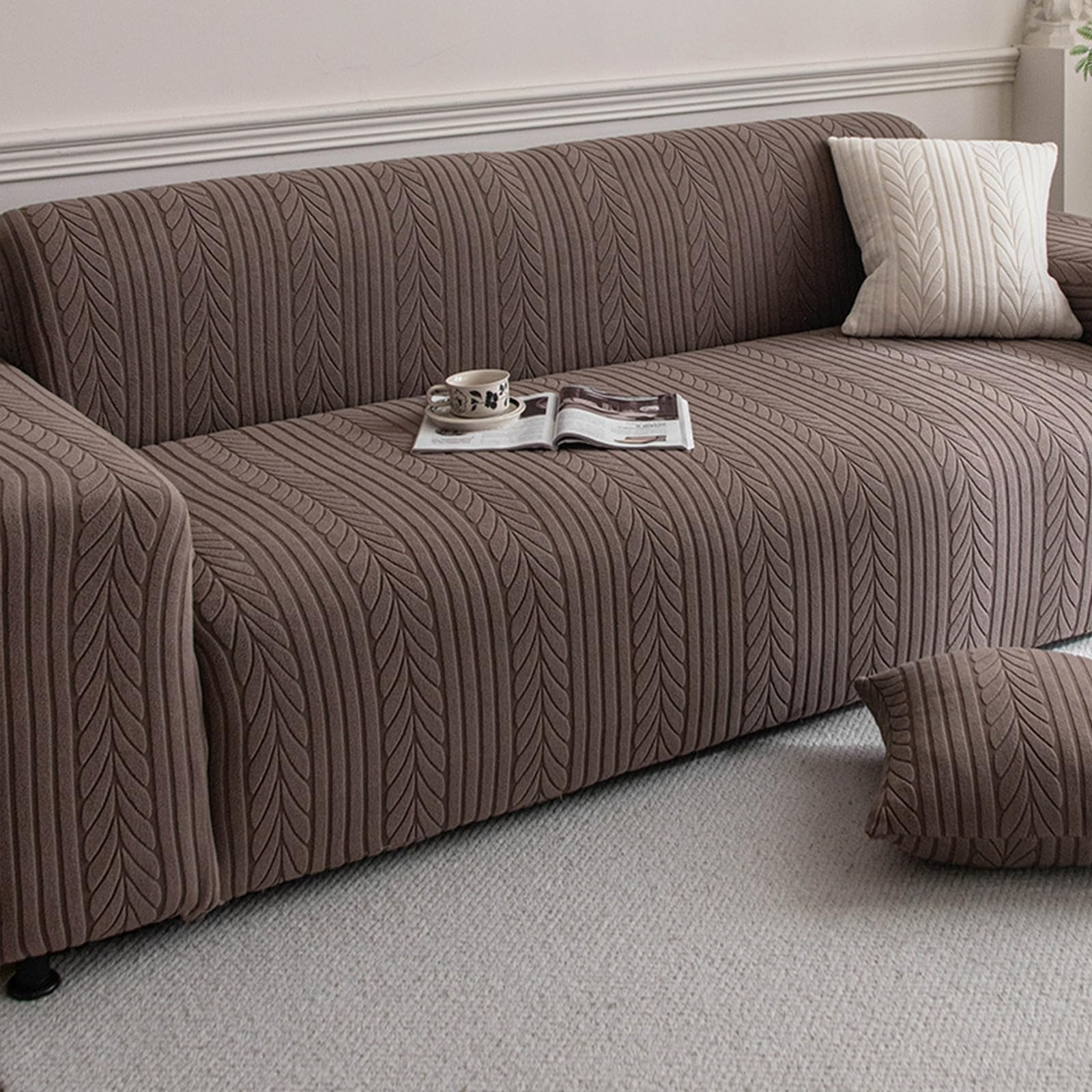 Housse de canapé épaisse 4 places marron au tissu doux haut de gamme