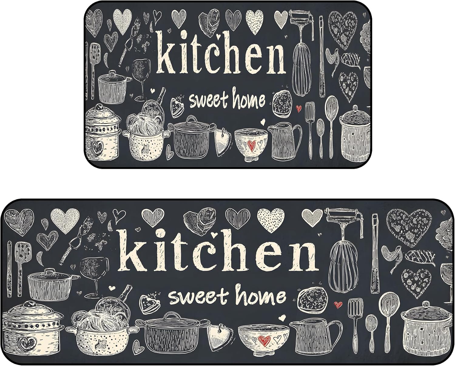 Set of 2 Kitchen Rugs - 17"x47"+17"x30" Kitchen Mats for Floor Washable Non Slip Front Door Mat Floor Rug for Home Kitchen Decorations, Sink, Office, Laundry (Black Cartoon)