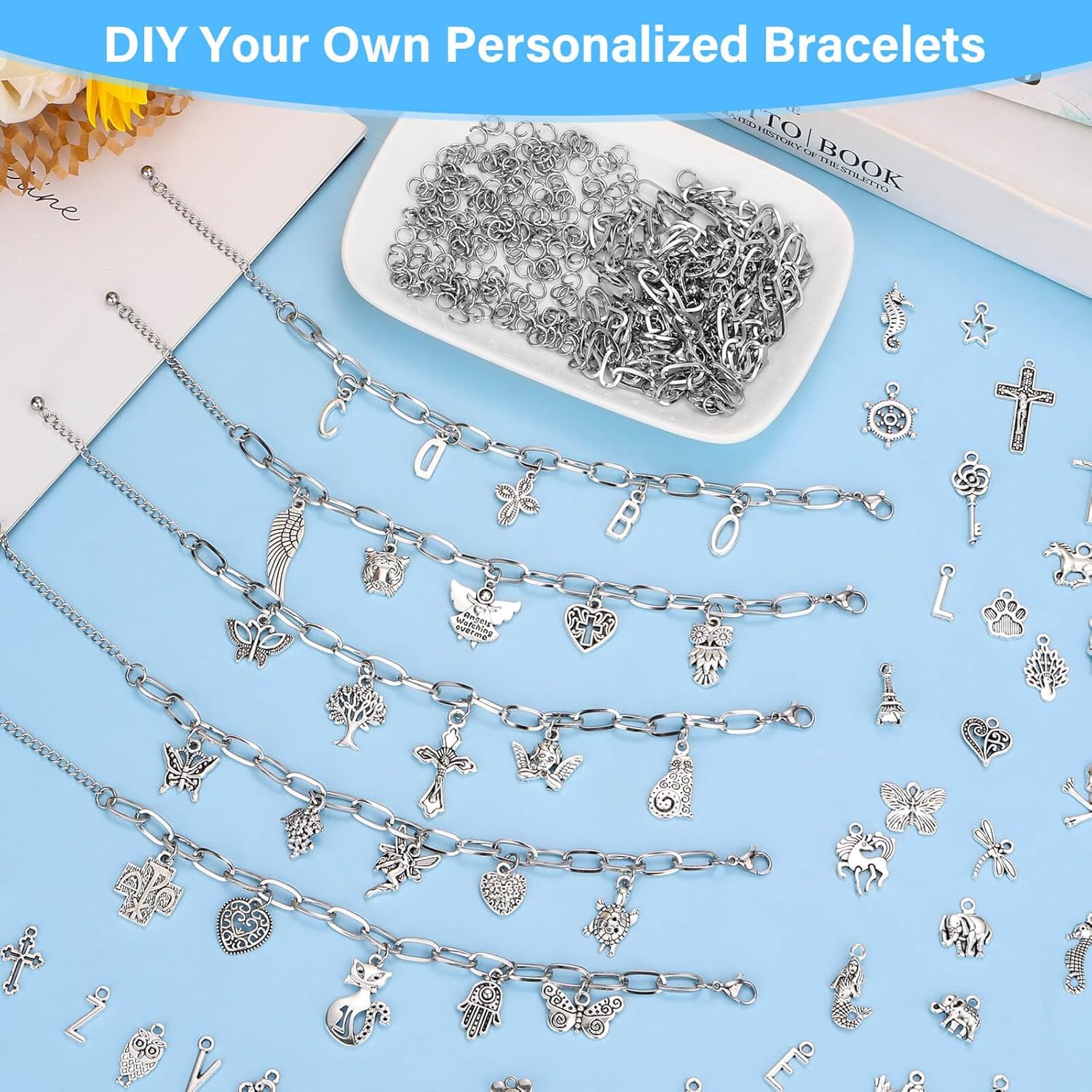 384 Pieces Silver Charm Bracelet Making Kit, Including Paperclip Chain Bracelets, Cross Charms, Jump Rings for DIY Bracelet Making - Image 6