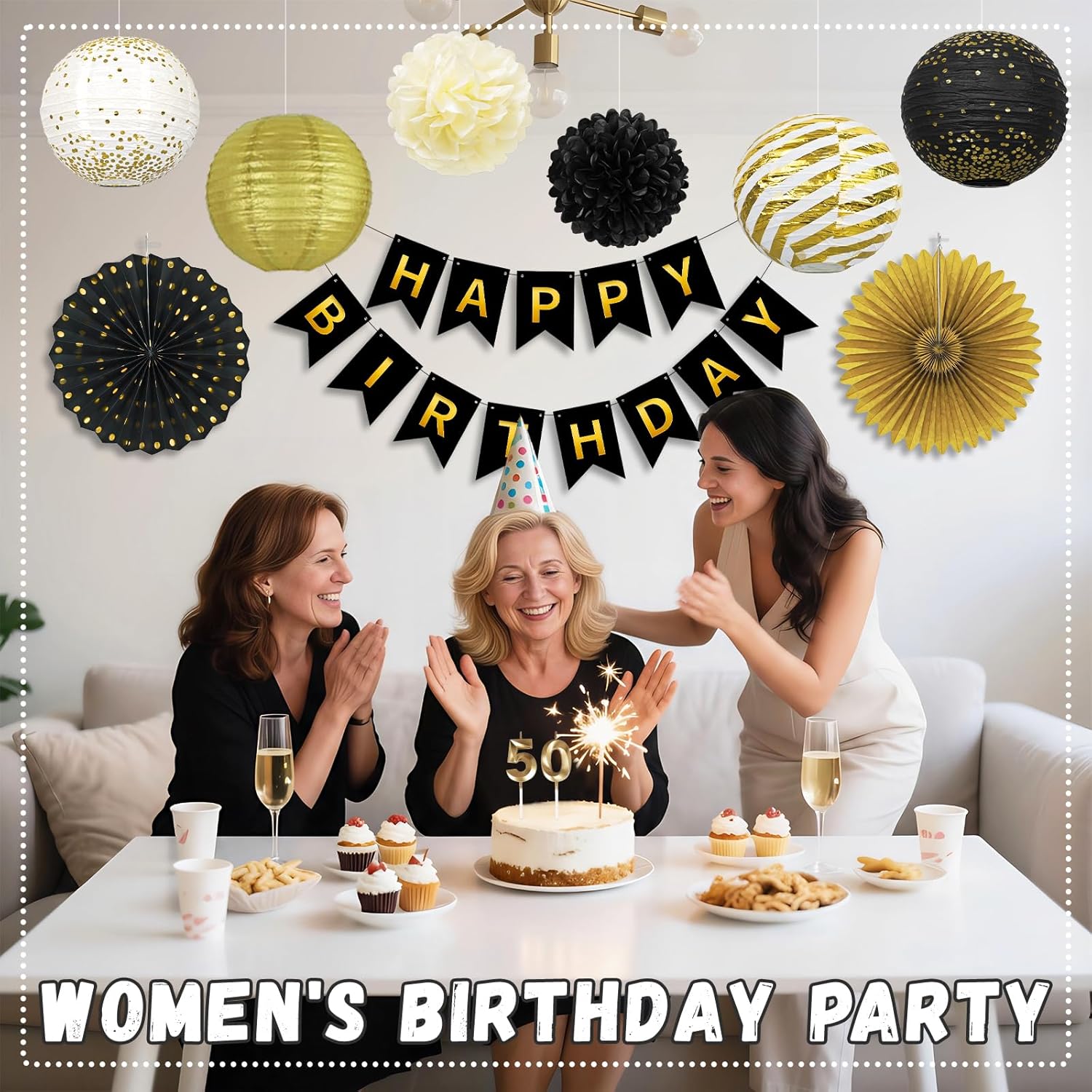 14Pcs Black and Gold Party Decorations, Hanging Paper Lanterns Fans Tissue Flower Pom Poms for Graduation Decorations 2026, Men Women 40th 50th 60th Birthday Retirement Party Supplies - Image 8