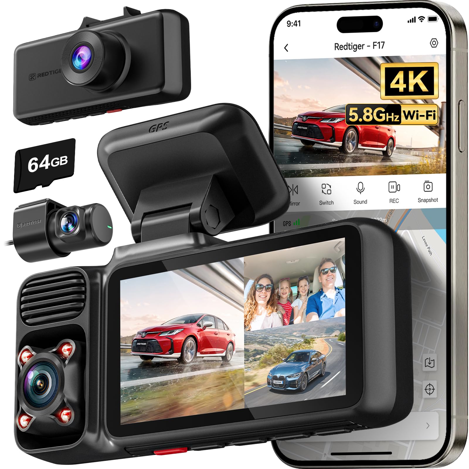 Sponsored Ad - REDTIGER F17 4K 3 Channel Dash Cam, 5GHz WiFi Built-in GPS with 64GB Card, 2160P+1080P+1080P Front and Rear Inside, Triple Car Camera with 3 Inch Screen, IR Night Vision, G Sensor, WDR, Parking Mode