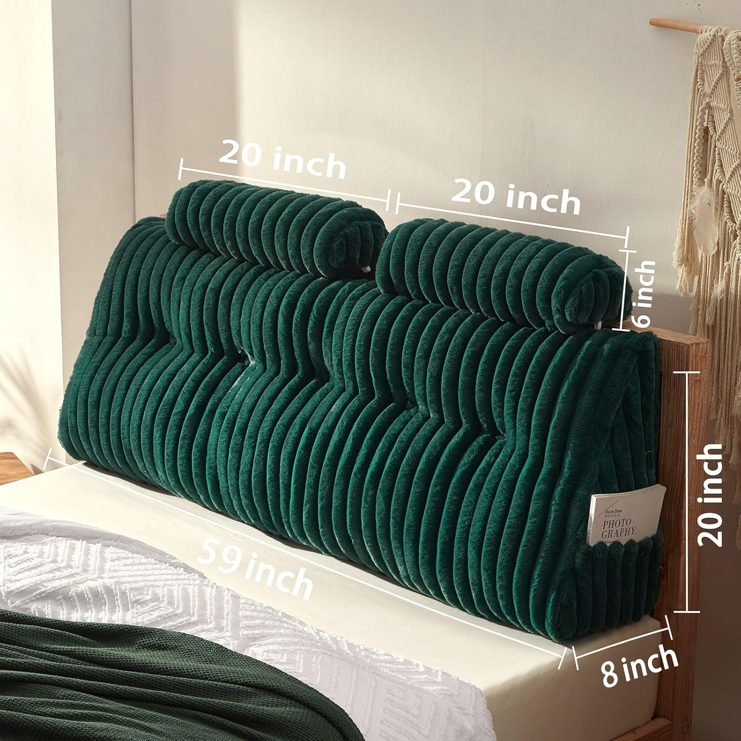 faux fur headboard pillow with 2 pack neck roll pillow large headboard pillow soft and supportive with removable cover (green, queen) queen green