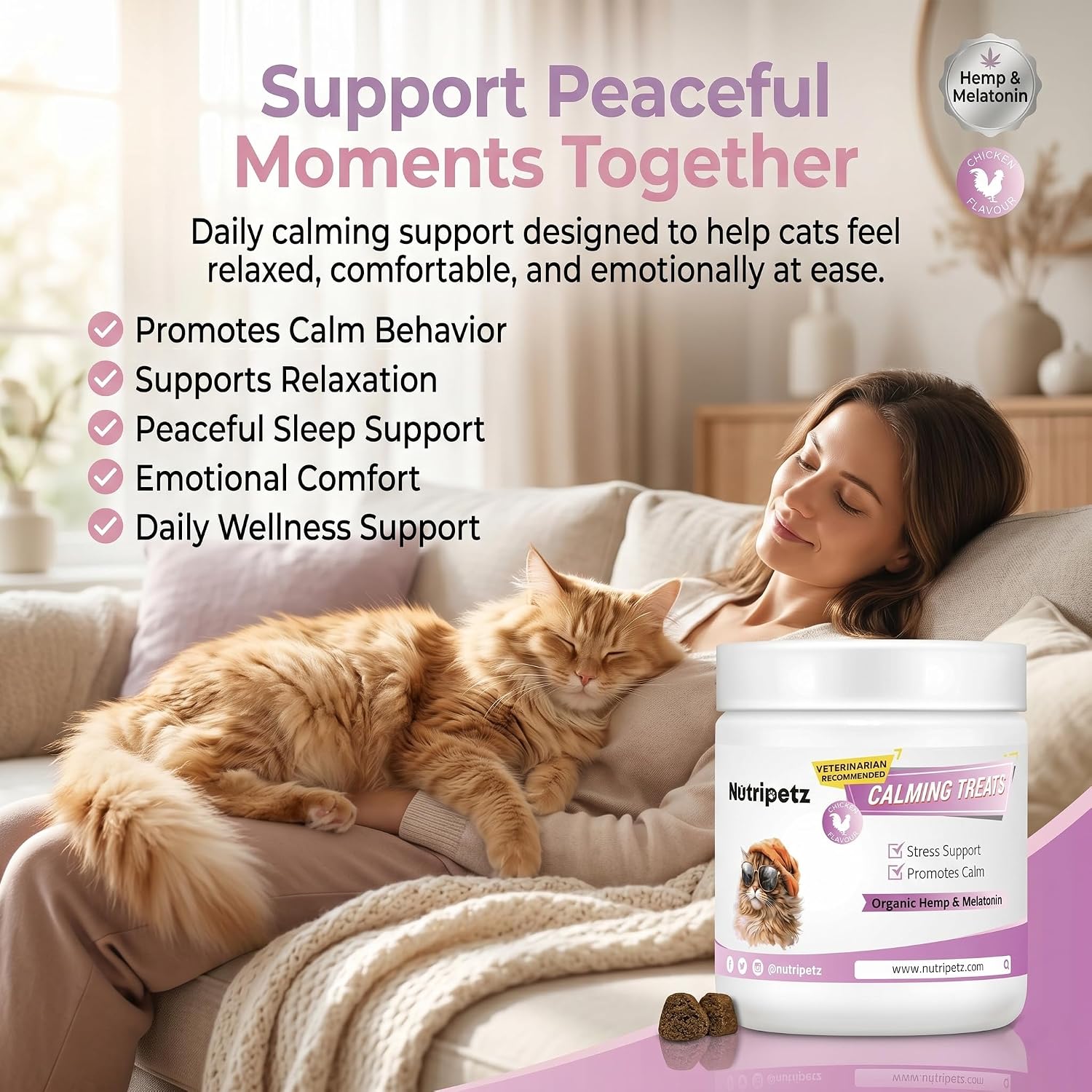 140 Cat Calming Treats | Anxiety & Stress Relief | Anti-Aggression Support | Cat Relaxer for Anxiety | Melatonin for Cats | Calming Care Chewable Pets Calming Chews