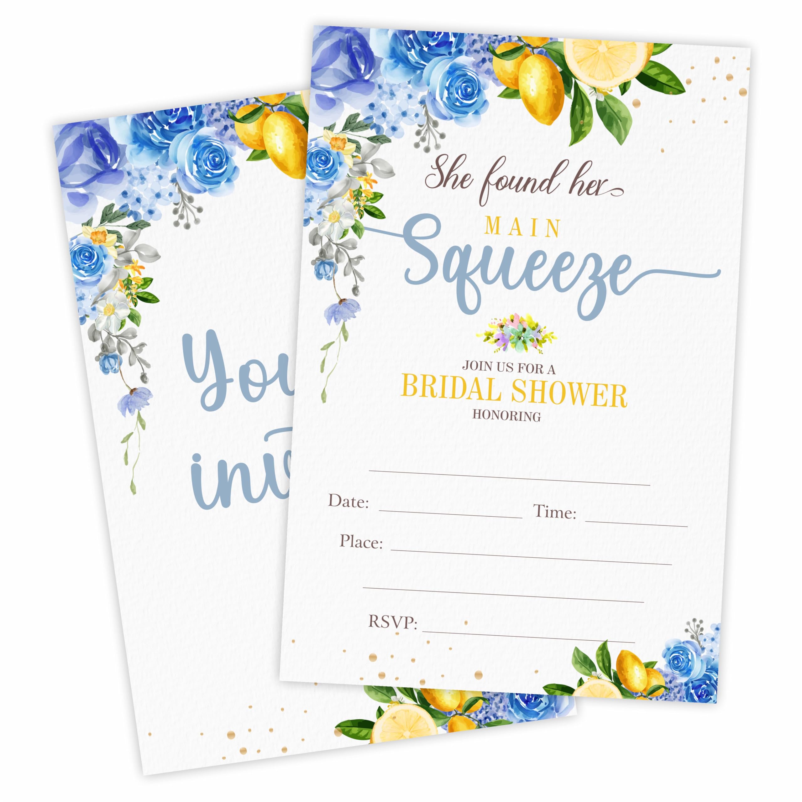 YKYENR Blue Floral & Lemon Bridal Shower Invitations - She Found Her Main Squeeze - 4 x 6 Inches Invites (25 Cards & Envelopes) For Wedding Showers,