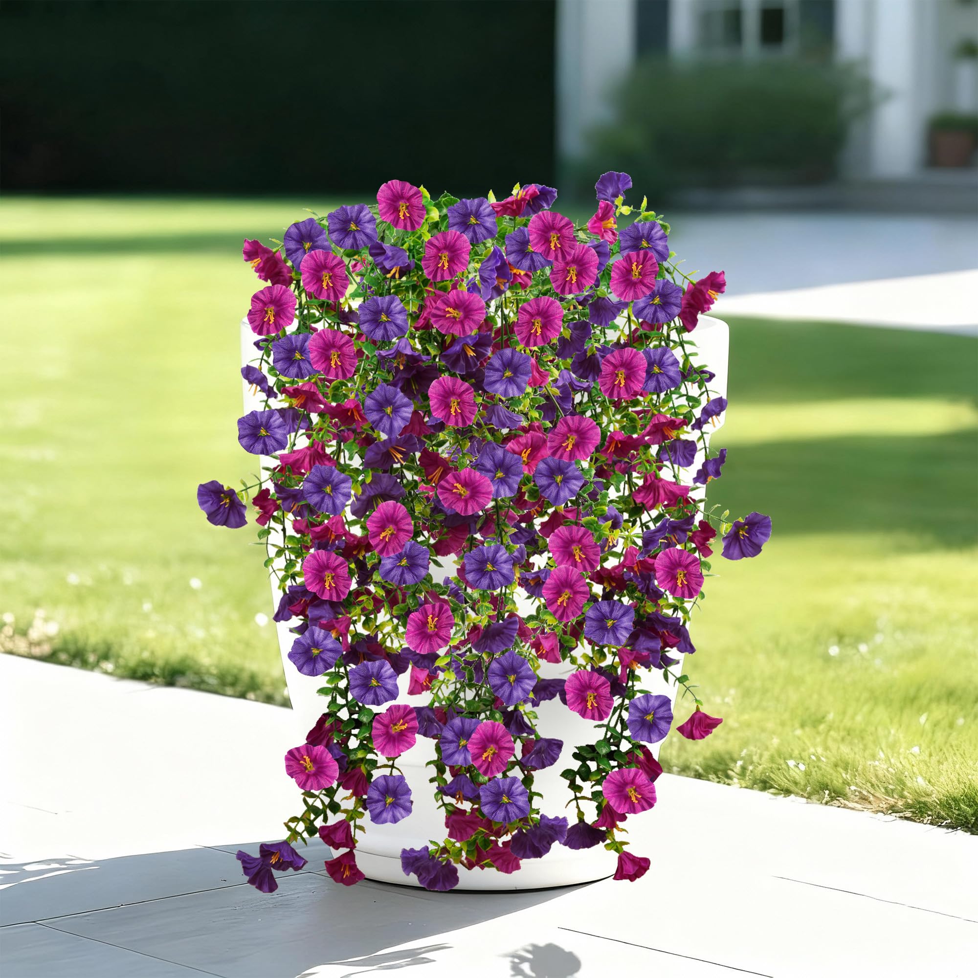 Cekene 4PCS Hanging Artificial Flowers Artificial Plants Outdoor Morning Glory UV Resistant Plastic Fake Flower Plant for Indoor Home Decor Wall Shelf Table Hanging Baskets Planter Patio(purple)