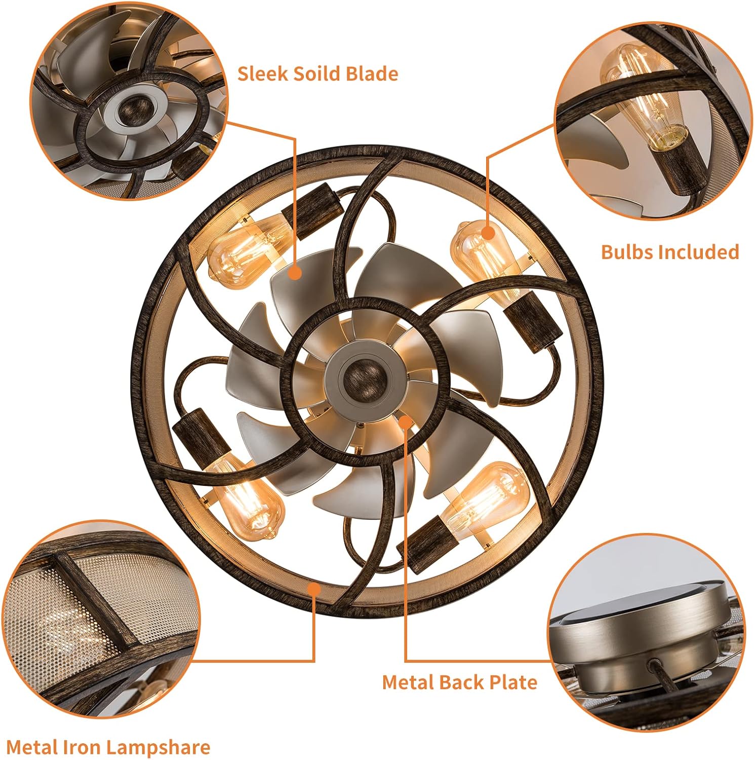 Caged Ceiling Fan with Light Remote Control, 21'' Low Profile Bladeless Enclosed Fan, 6 Speeds Reversible with 5 Bulbs, Rustic Farmhouse Ceiling Fan for Bedroom