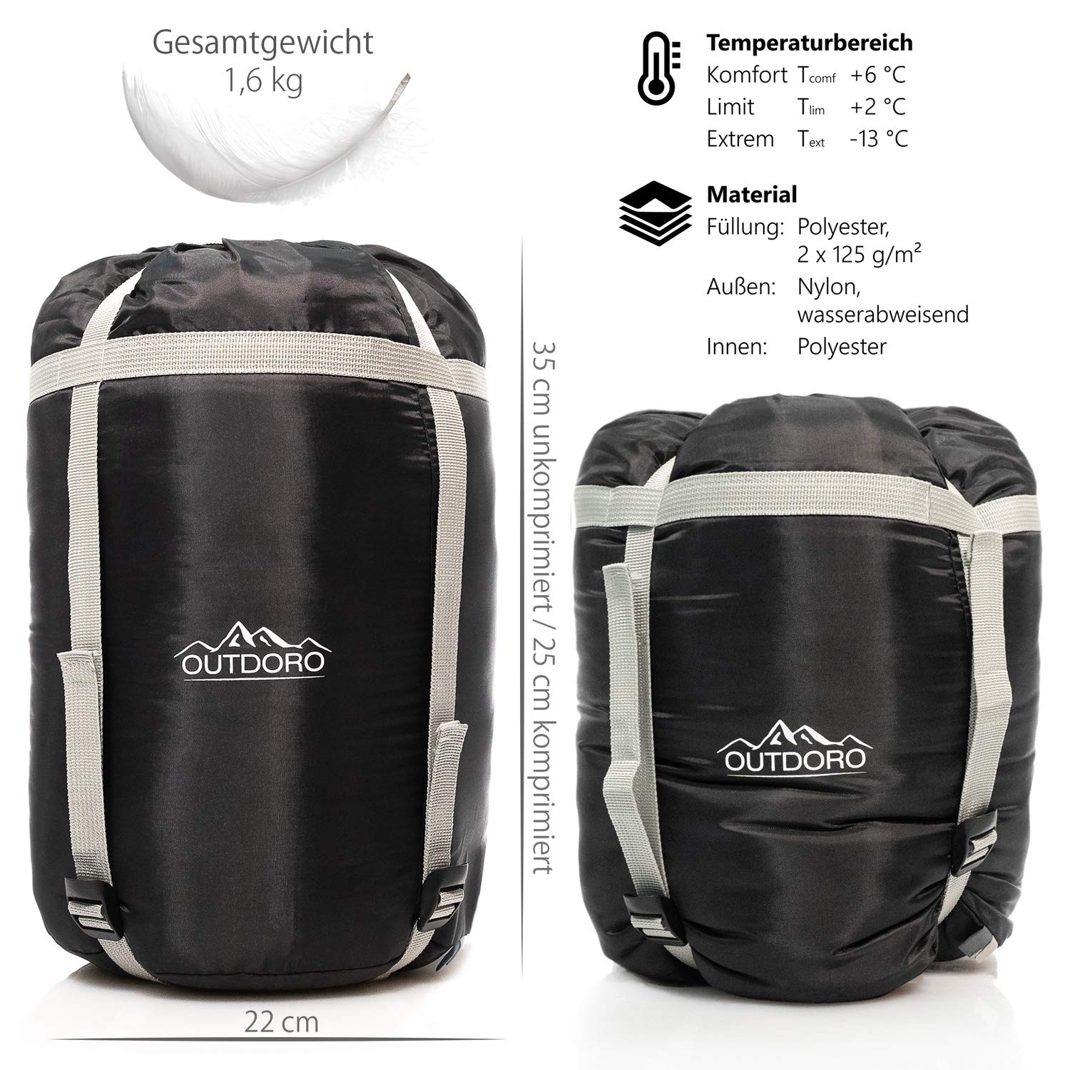Outdoro Schlafsack 3-4 Jahreszeiten für Erwachsene Damen & Herren | Outdoor & Camping, Frühling, Herbst & Winter