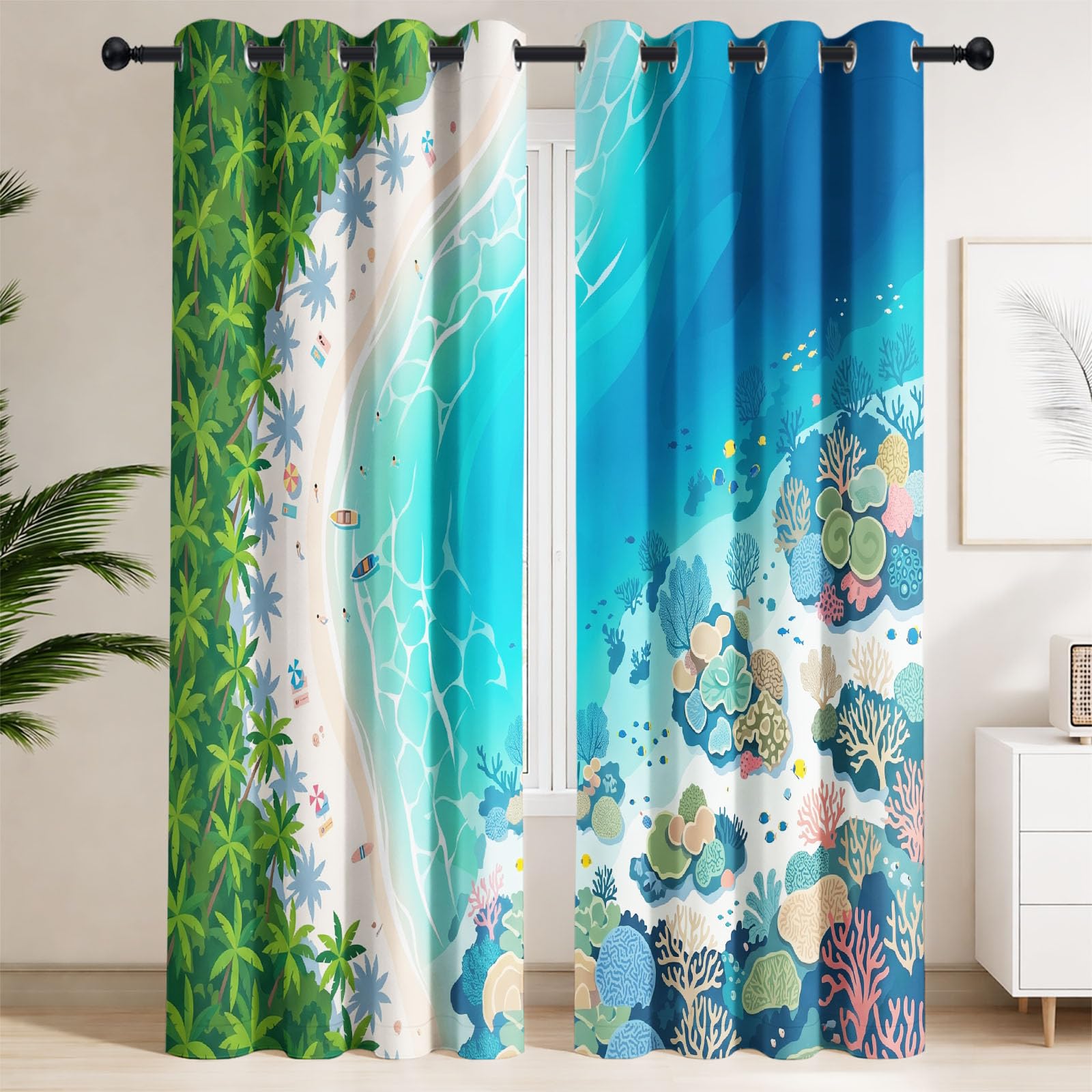 Générique Rideau Occultant Côtier Tropical 117 x 137 CM, Côte Paysage Rideaux et Draperies pour Enfants Filles Chambre Salon Rideaux de Fenêtre Thermiques Isolants