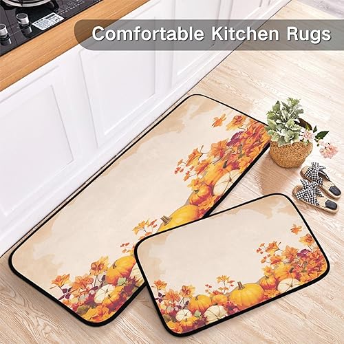 Miniatura 4 de Watercolor Pumpkin Harvest Kitchen Rugs Set of 2, Autumn Maple Leaves Floor Mat Runner Rug Washable Non Slip Washable Standing Mat Home Office