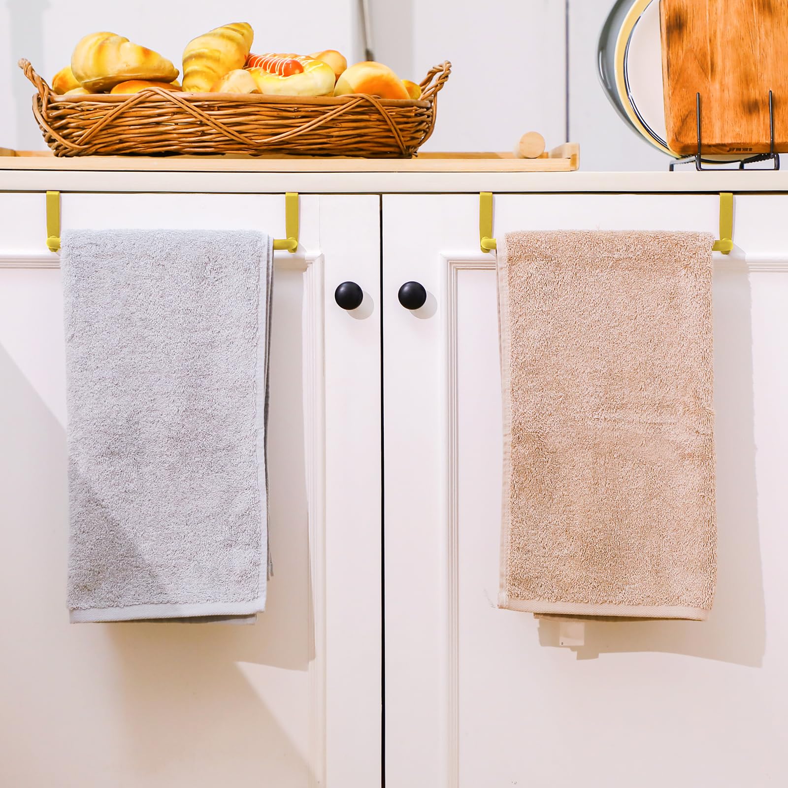 2 Pieces Metal Towel Bar Kitchen Cabinet Towel Rack Strong Steel Towel Bar Rack for Hanging on Inside or Outside of Doors, Home Kitchen Bathroom, Hand Towels, Dish Towels and Tea Towels (Gold) 4