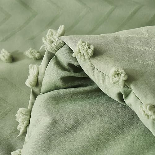 Miniatura 6 de sponwilar Juego de edredón de 7 piezas tamaño King, color verde salvia copetudo, estilo bohemio, desgastado y elegante, juego de sábanas y sábanas