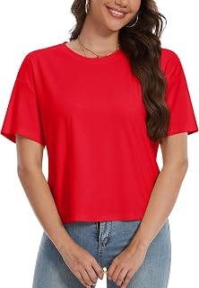 Women's Crop Tops Summer Short Sleeve Cotton UPF 50+ Round Neck Casual Loose Cropped T-Shirts Solid Basic Tees