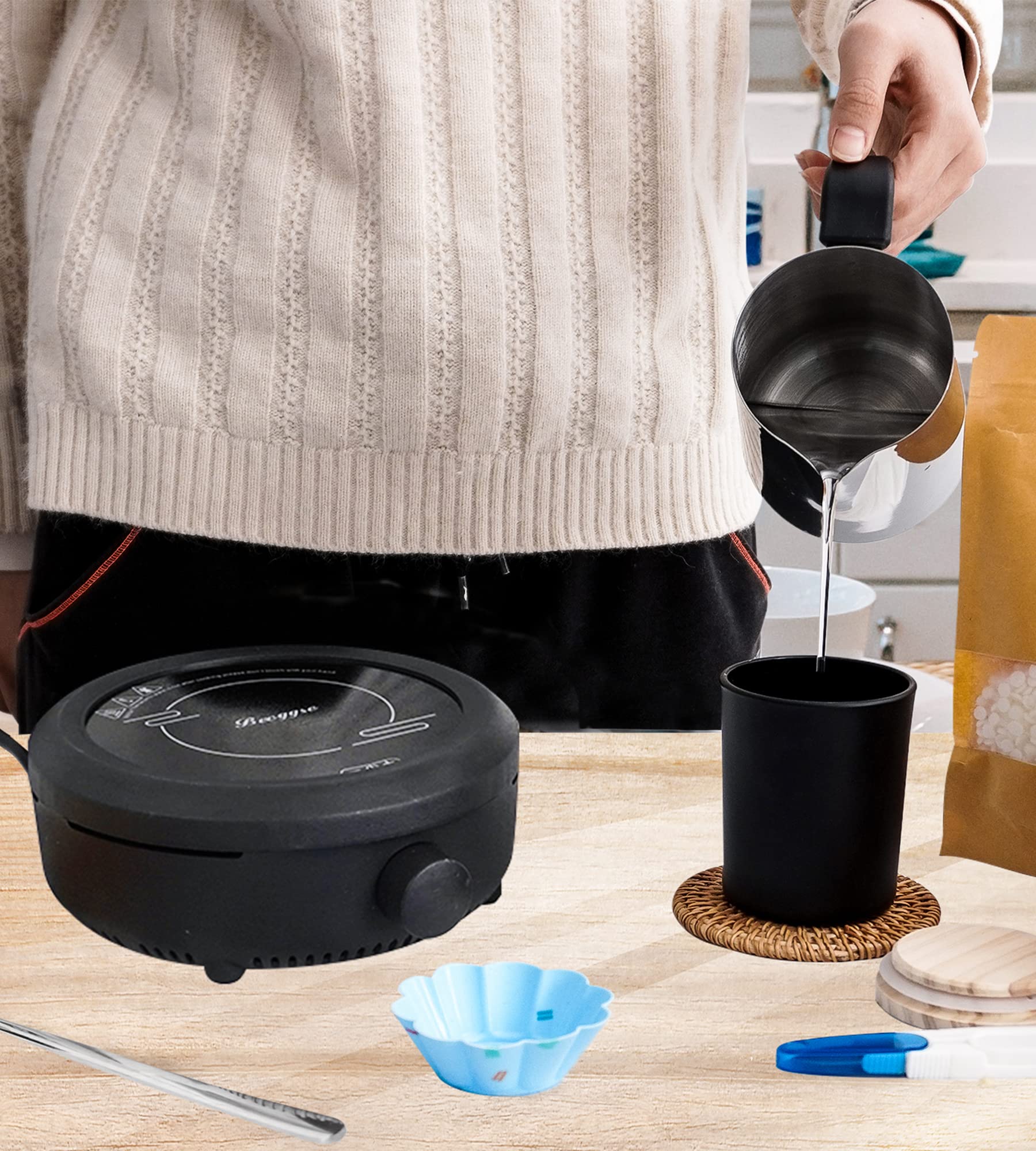 Candle Making kit with Hot Plate,Candle Making Supplies,Candle Making Kit for Beginners with Melting Pot,Stirring Spoon,Thermometer and Anti-Scalding Pad Perfect Set Gift