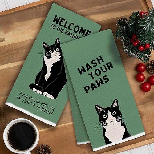 Miniatura 4 de Retro Green Tuxedo Cat Bathroom Hand Towels, Cat Bathroom Decor, Black and White Kitty Kitten Hand Towels for Washroom Restroom, 16x24 Inches Set of