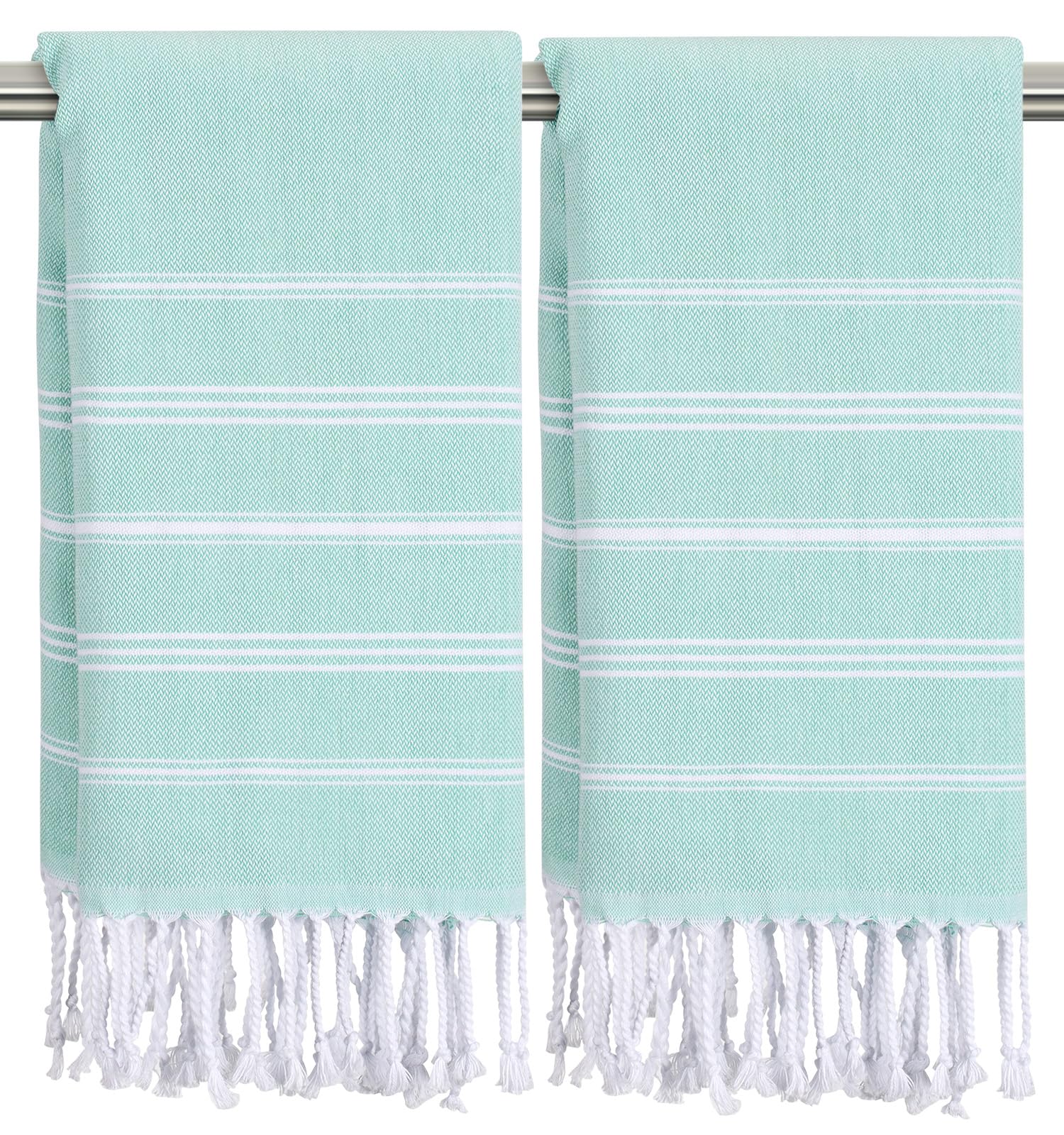 Ouxiaobai Hand Towels for Bathroom - Pack of 2 Turkish Hand Towels Set, Thin Decorative Tea Towel, 20 * 30 Inch Kitchen Cloth with Tassel (Aqua)