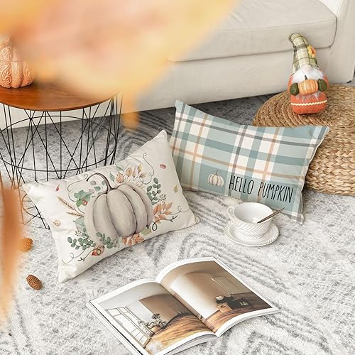 Miniatura 2 de AVOIN colorlife Juego de 4 fundas de almohada con texto en inglés Hello Fall Hello Pumpkin, 12 x 20 pulgadas, cosecha de Acción de Gracias, color