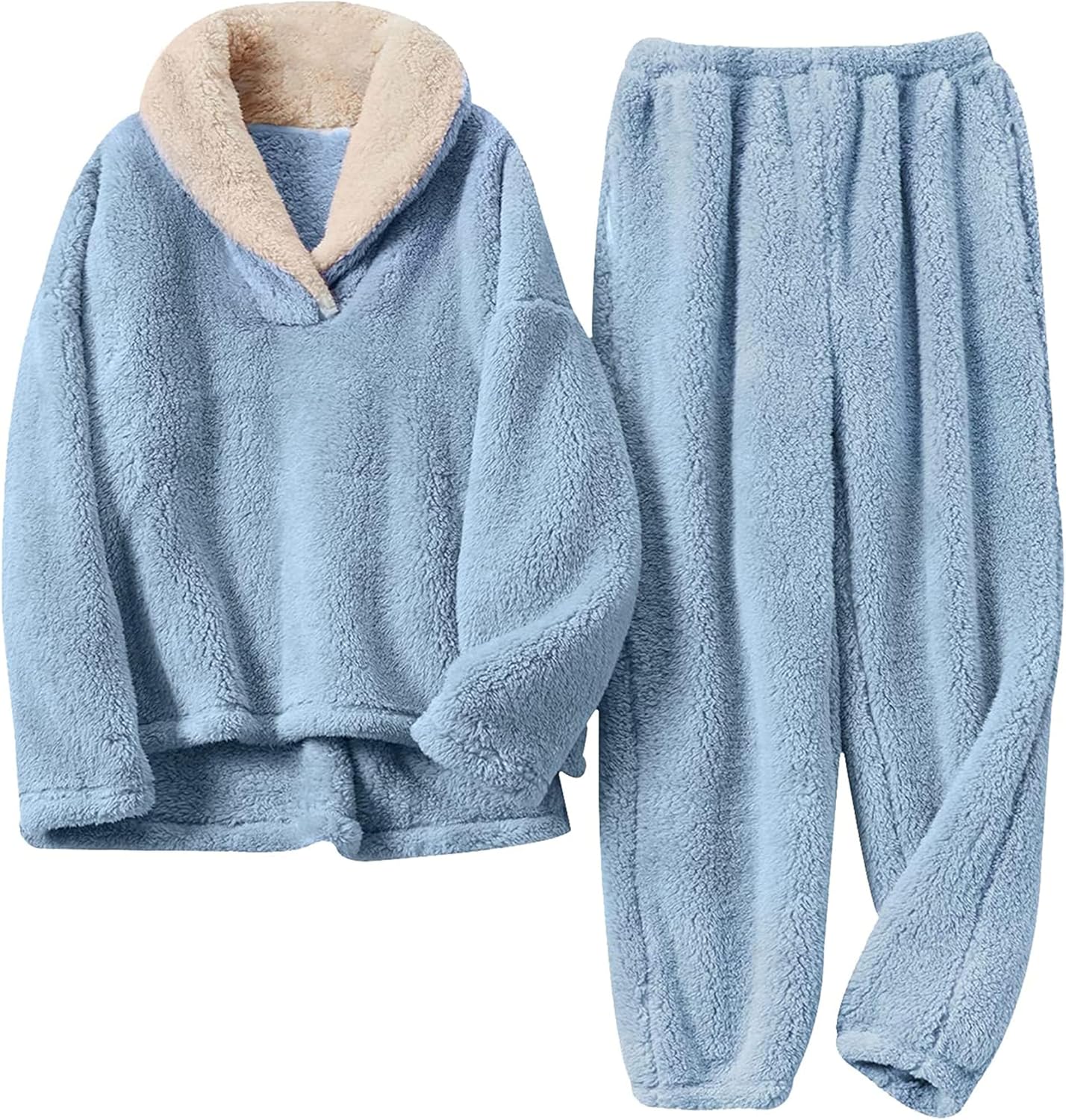 Springrain Fluffy Pajamas Set for Women Warm Fleece Pjs Set Pullover Pants Fuzzy Lounge Set