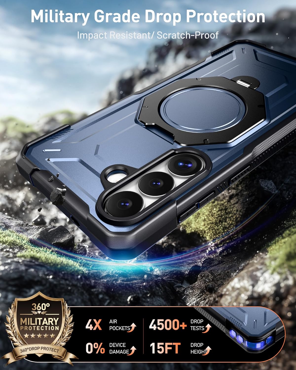 Poetic for Samsung Galaxy S26 Plus Case | 360° Spin Magnetic Ring Kickstand | Compatible with MagSafe | Tempered Glass Screen Protector | Military Grade Drop Proof Protection Cover | Metallic Blue