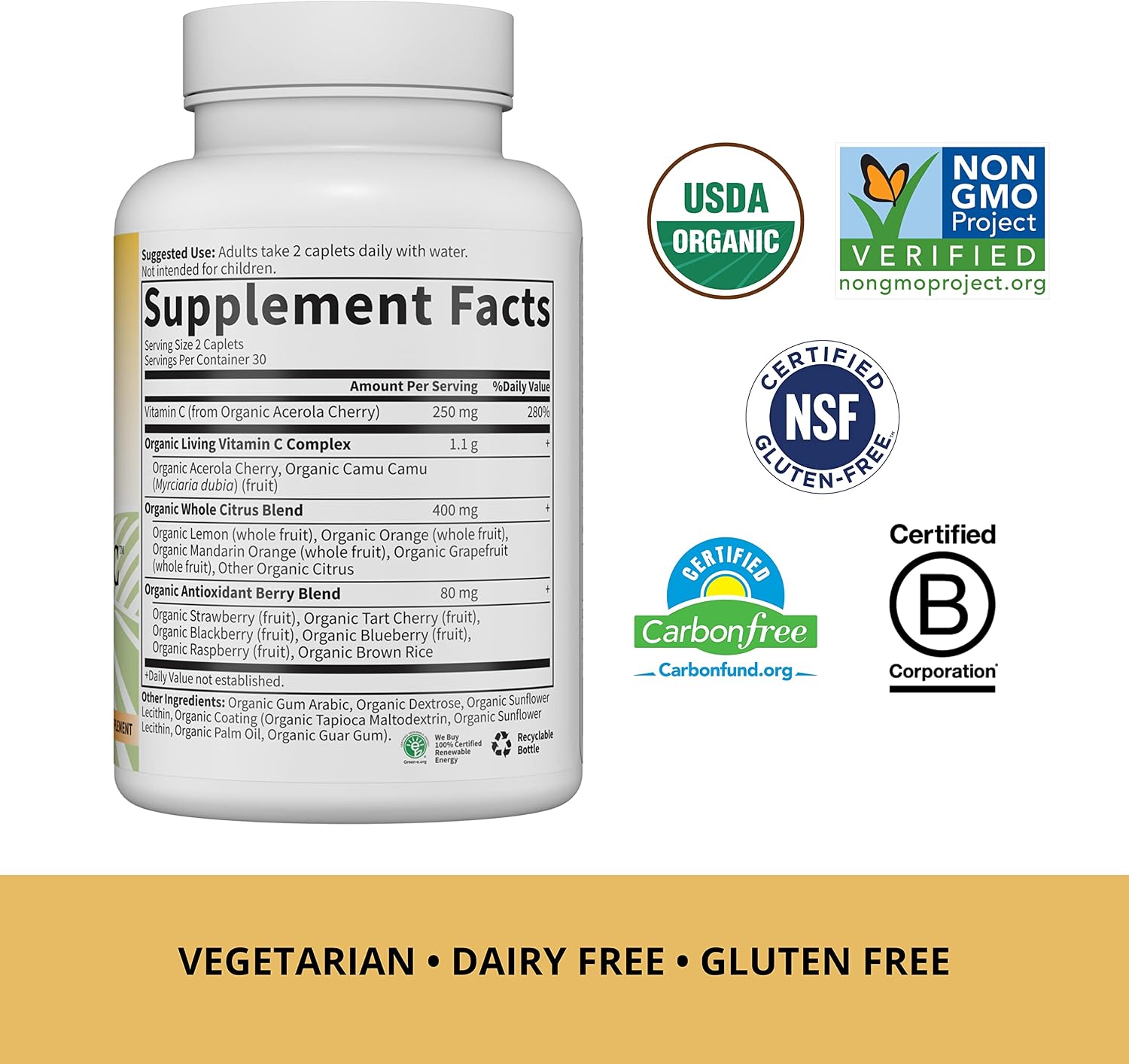 Garden of Life Vitamin C for Adults with Antioxidants & Citrus Bioflavonoids - Now Certified Organic - Living Vitamin C, Non-GMO Whole Food Vegetarian Nutritional Supplement