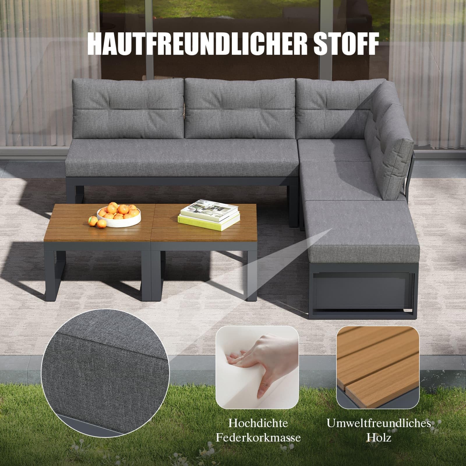 KOMHTOM Ensemble Salon de Jardin Extérieur Modulable – Canapé d'angle avec Tables Basses, Dossier Inclinable pour Terrasse, Balcon et Patio (Gris-B)