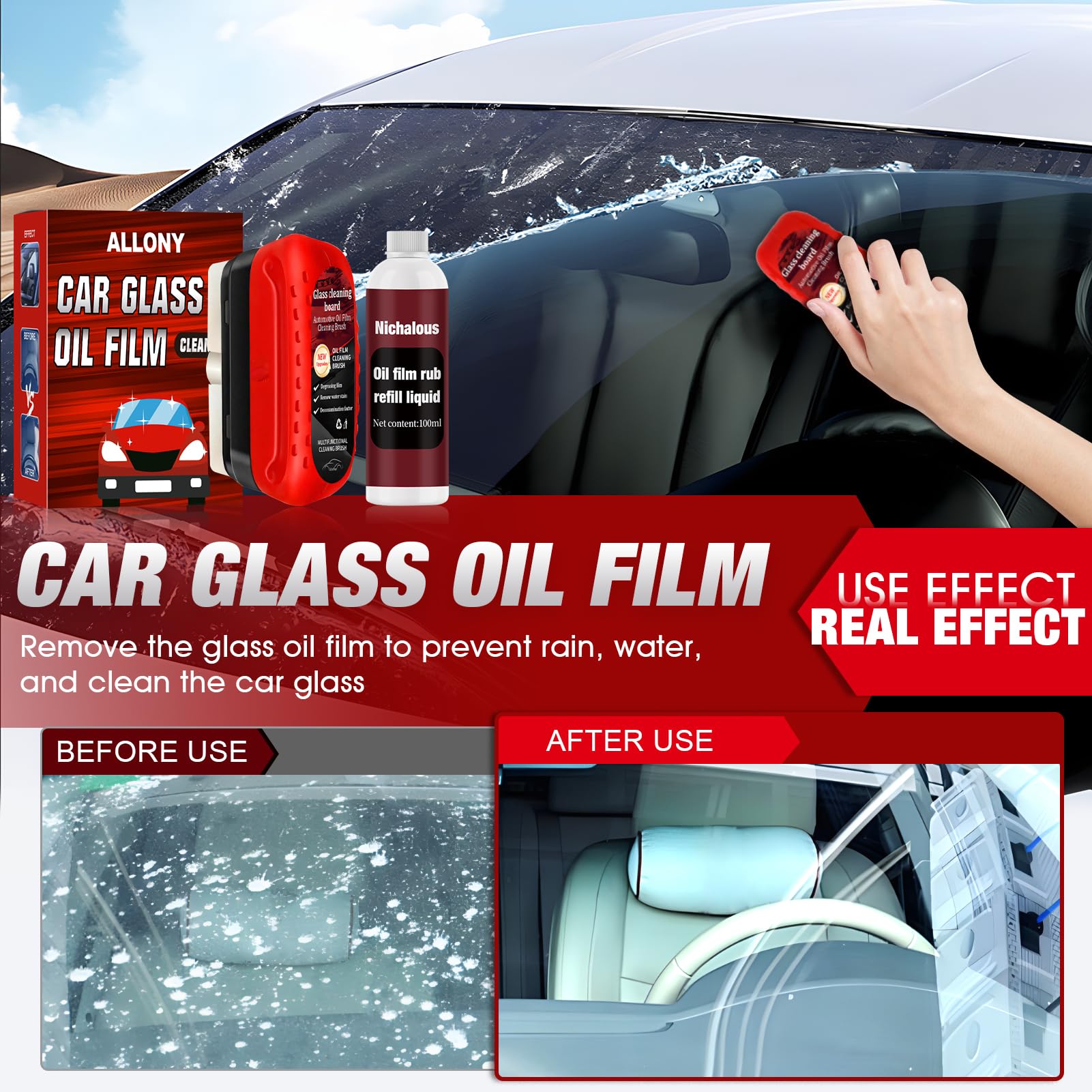 ALLONY Glass Cleaning Board, 120ml Clear view Parebrise, Nettoyant Pare Brise Voiture, Film Oléophobe pour Vitres D'automobiles, Nettoyant Vitre Voiture y 100ml Recharges